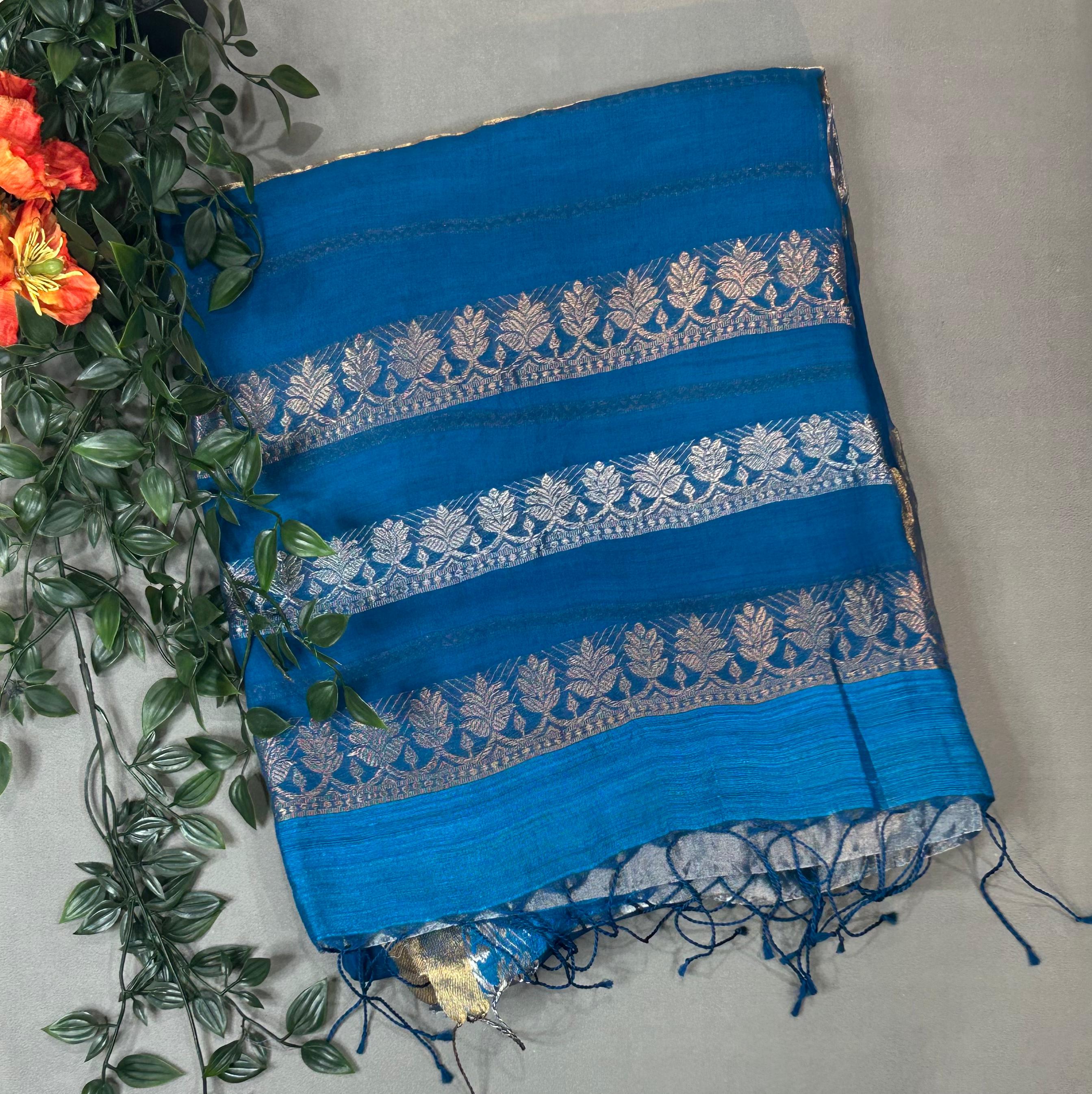 Peacock blue pure organza stripes saree