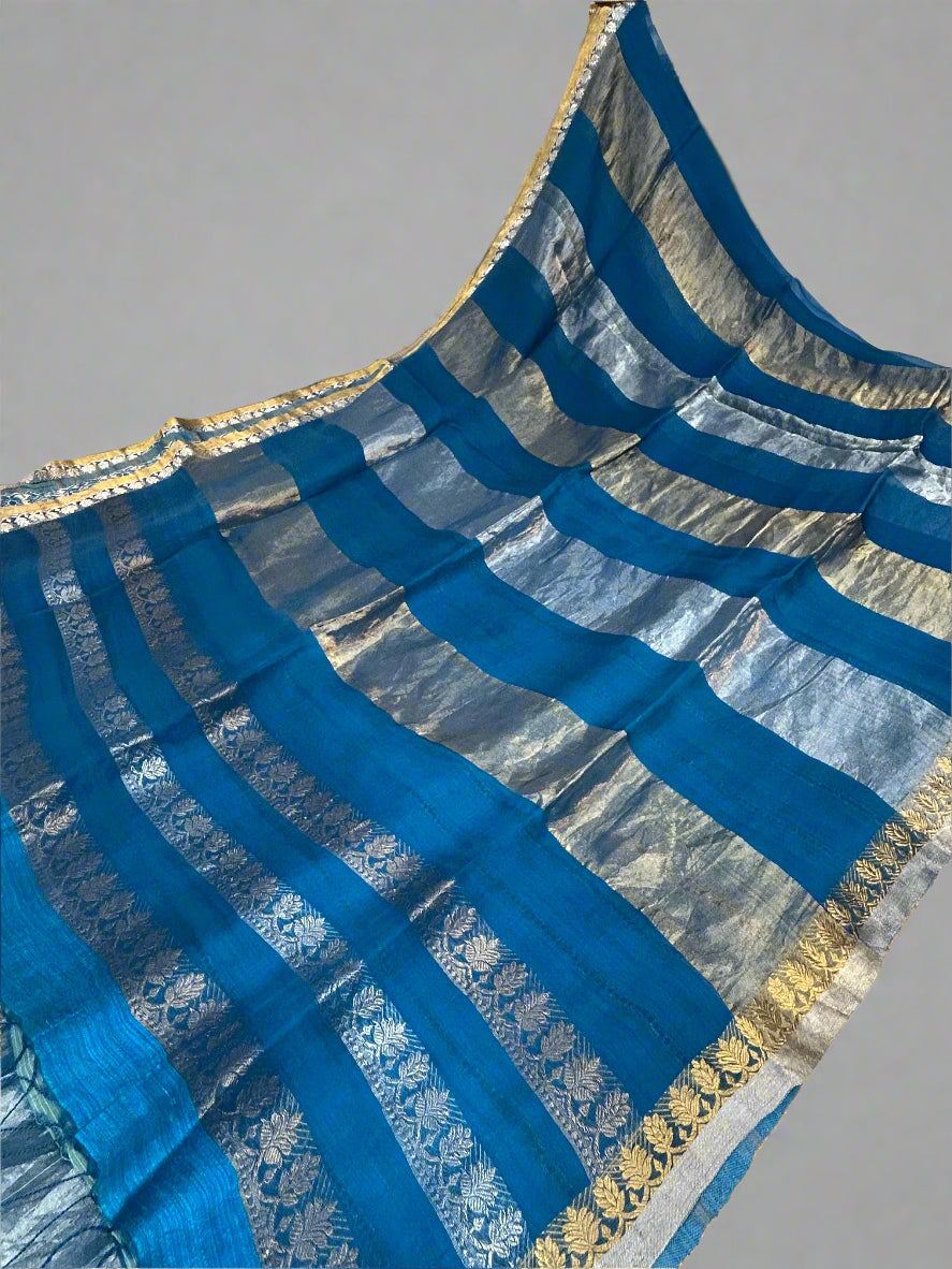 Peacock blue pure organza stripes saree