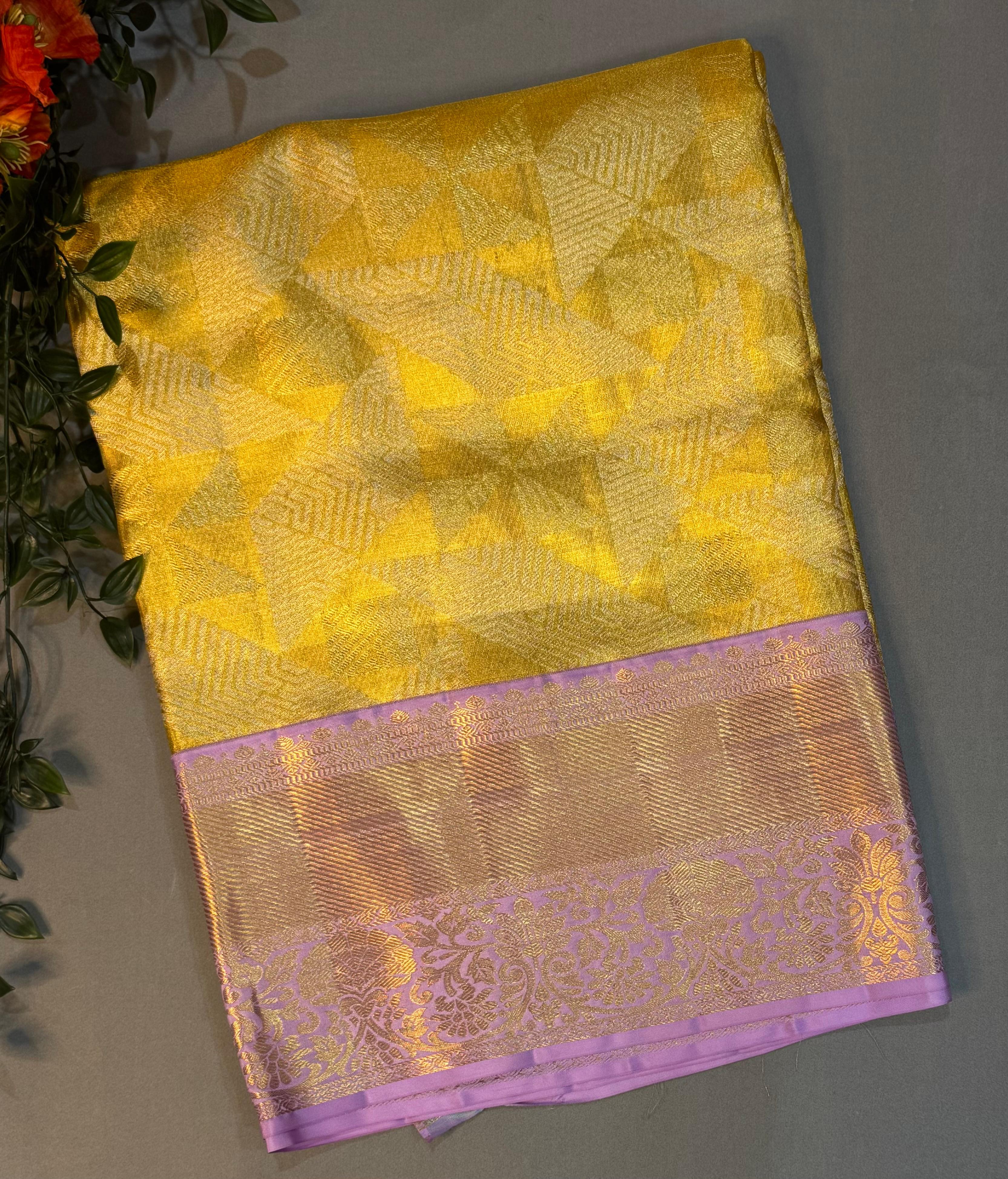 Golden yellow tissue pure kanchipuram-07 silk saree