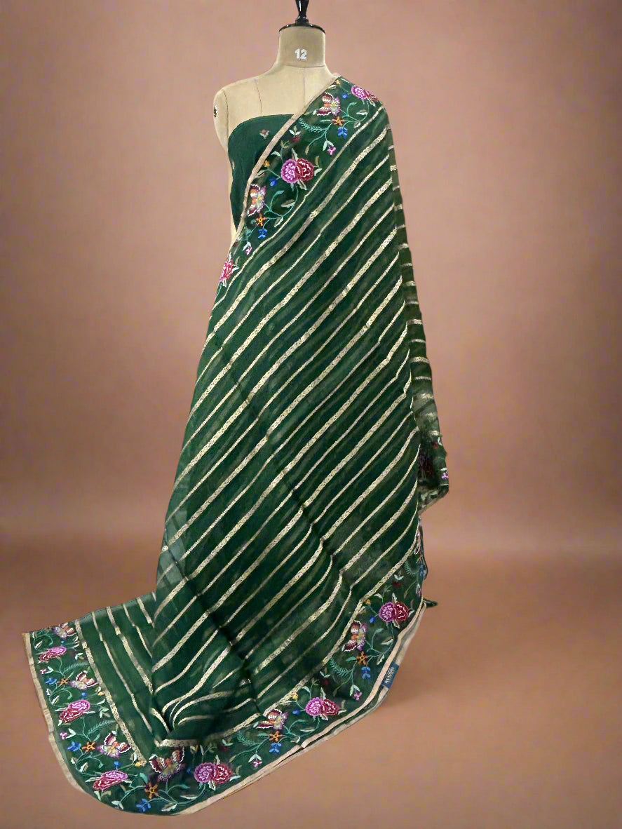 Bottle green organza petite point stripes saree