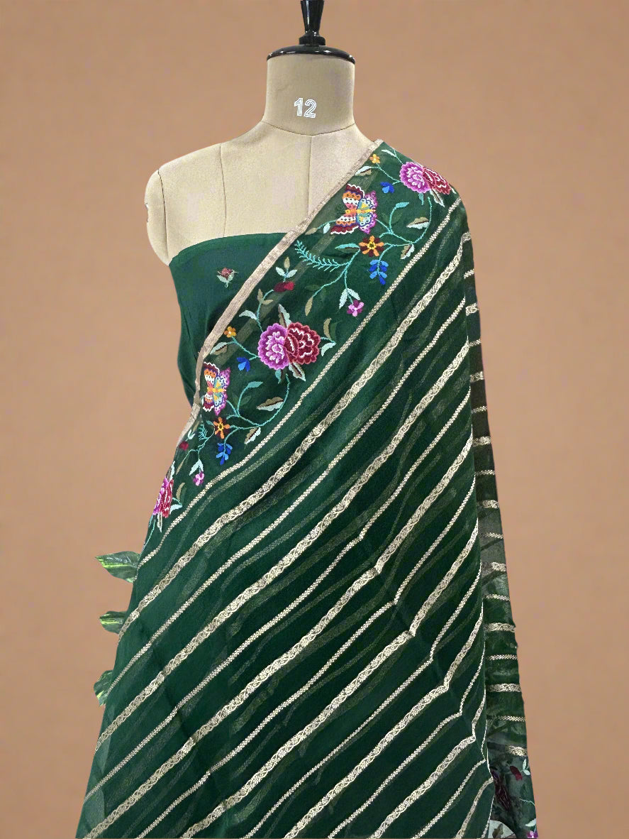 Bottle green organza petite point stripes saree