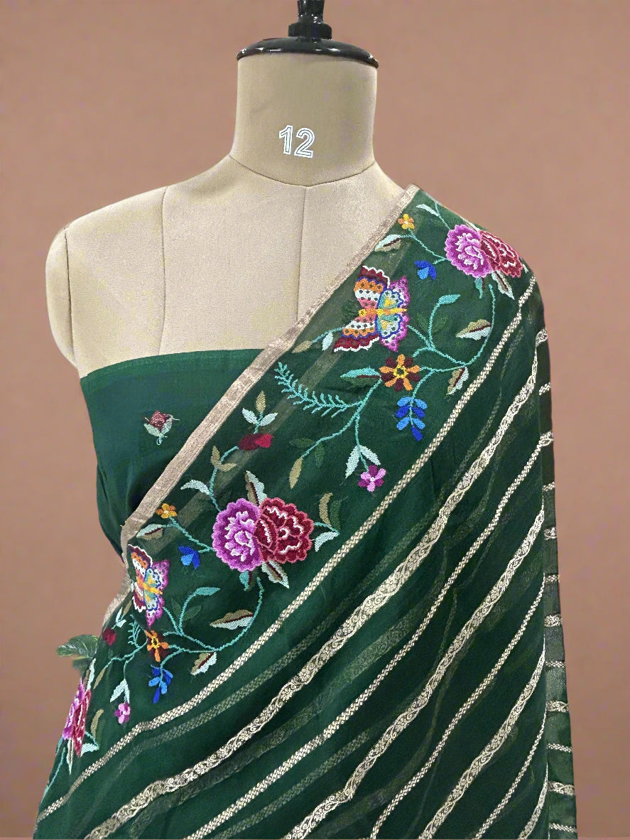 Bottle green organza petite point stripes saree