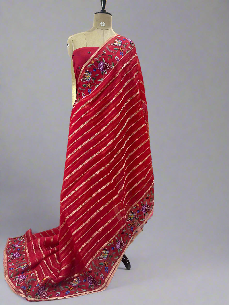 Red organza petite point stripes saree