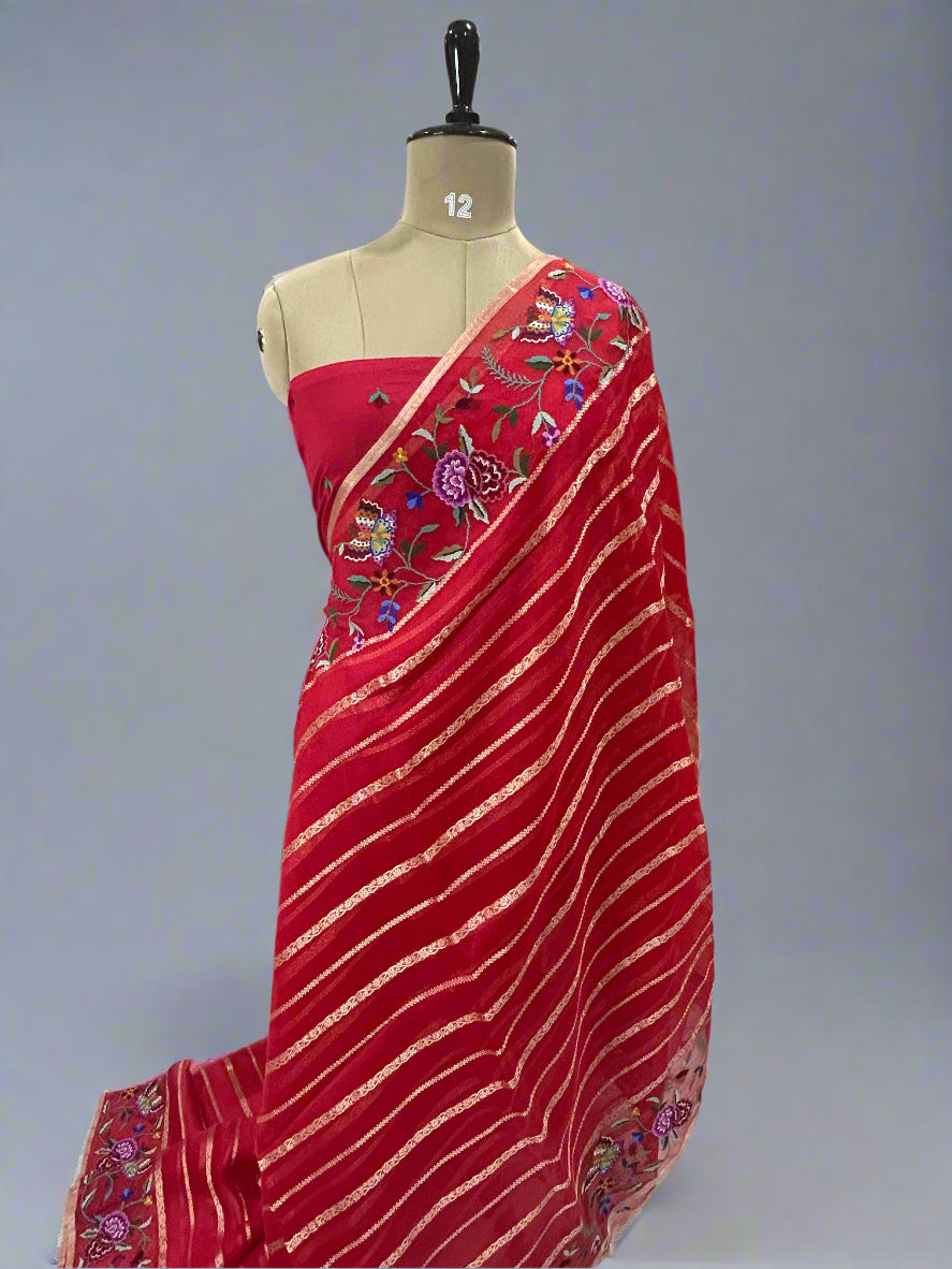 Red organza petite point stripes saree