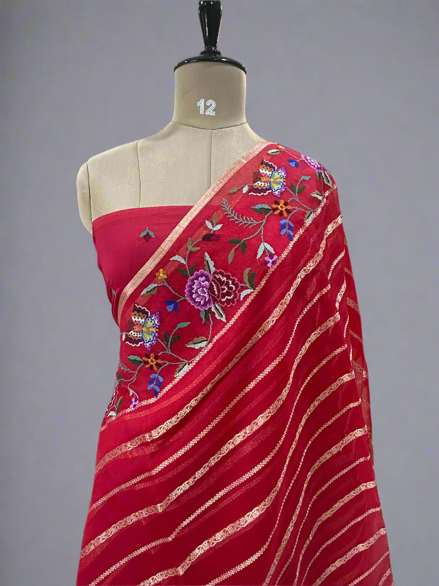 Red organza petite point stripes saree