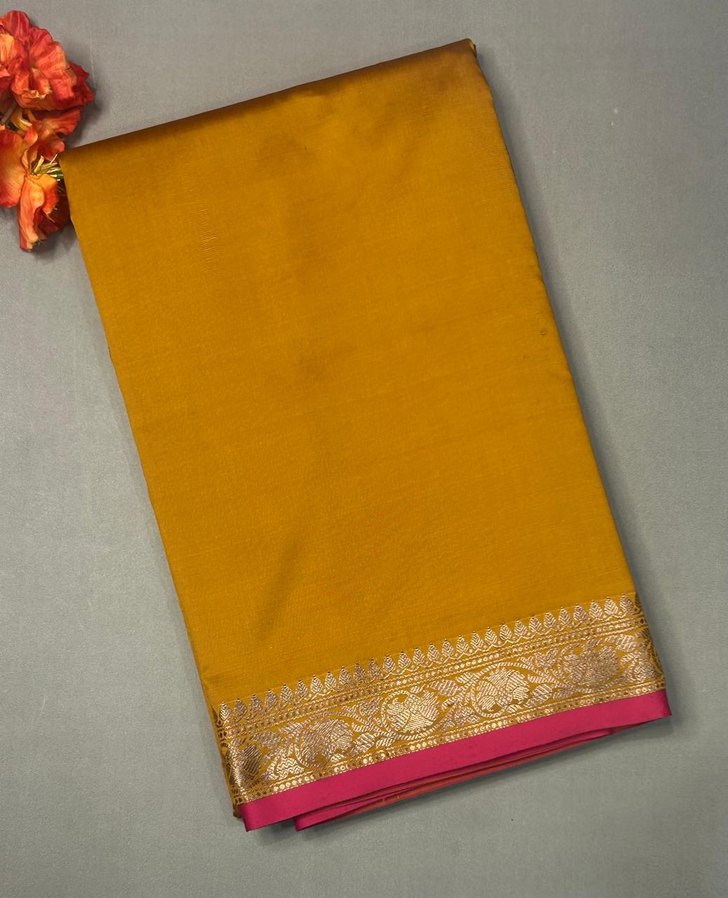 Mustard yellow plain semi benaras-07 saree