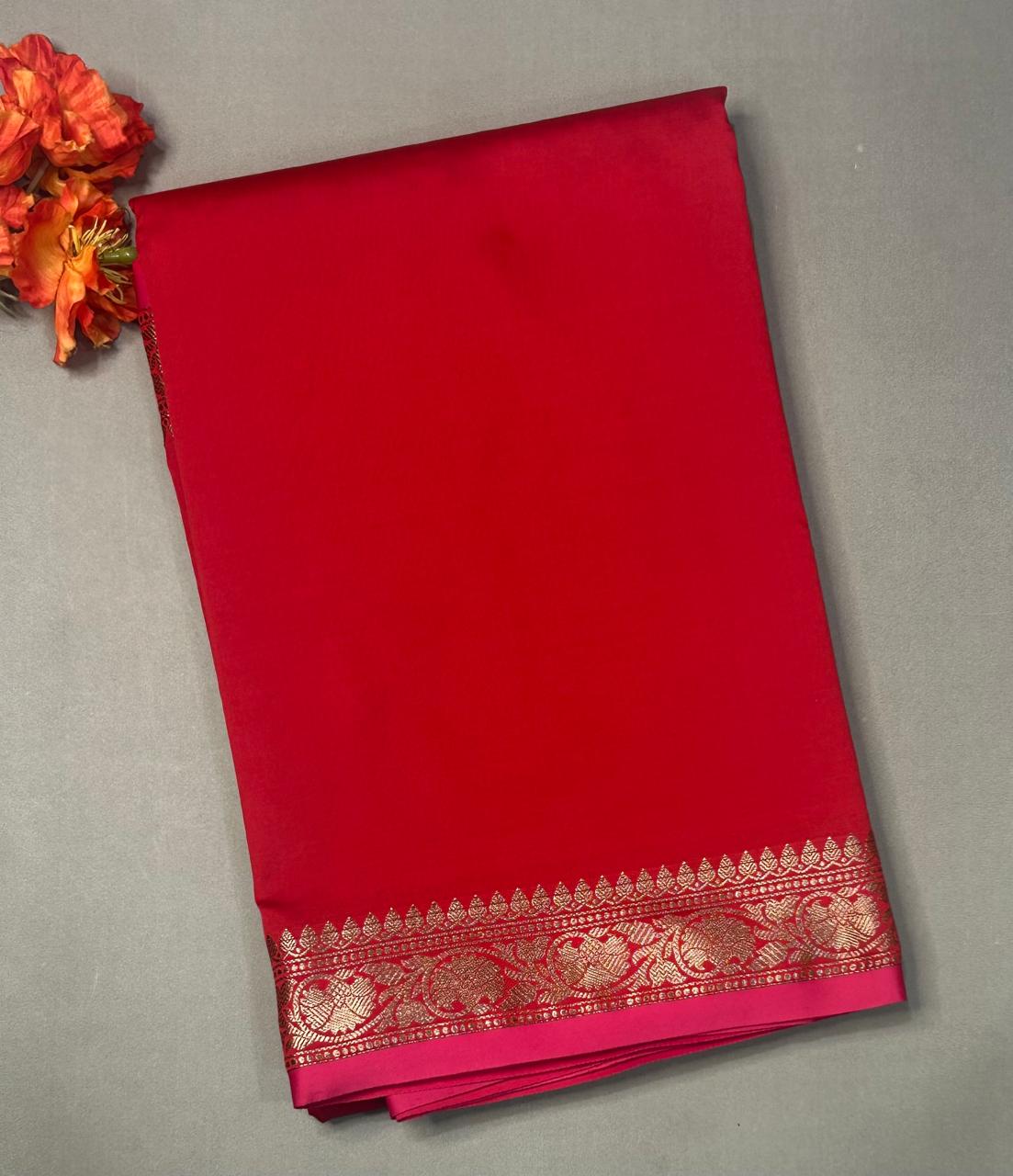 Red plain semi benaras-07 saree