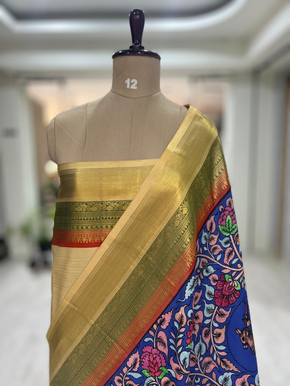 Blue n cream pure printed kanchipuram-07 silk saree