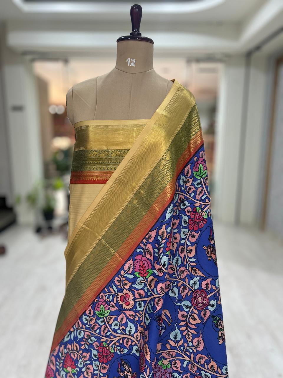 Blue n cream pure printed kanchipuram-07 silk saree