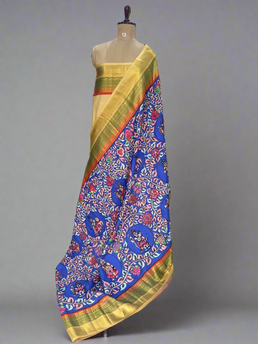 Blue n cream pure printed kanchipuram-07 silk saree