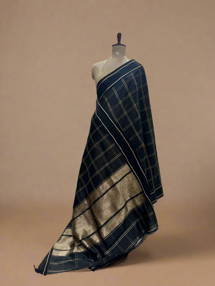 Black checks 07 Pure Benaras light weight silk saree