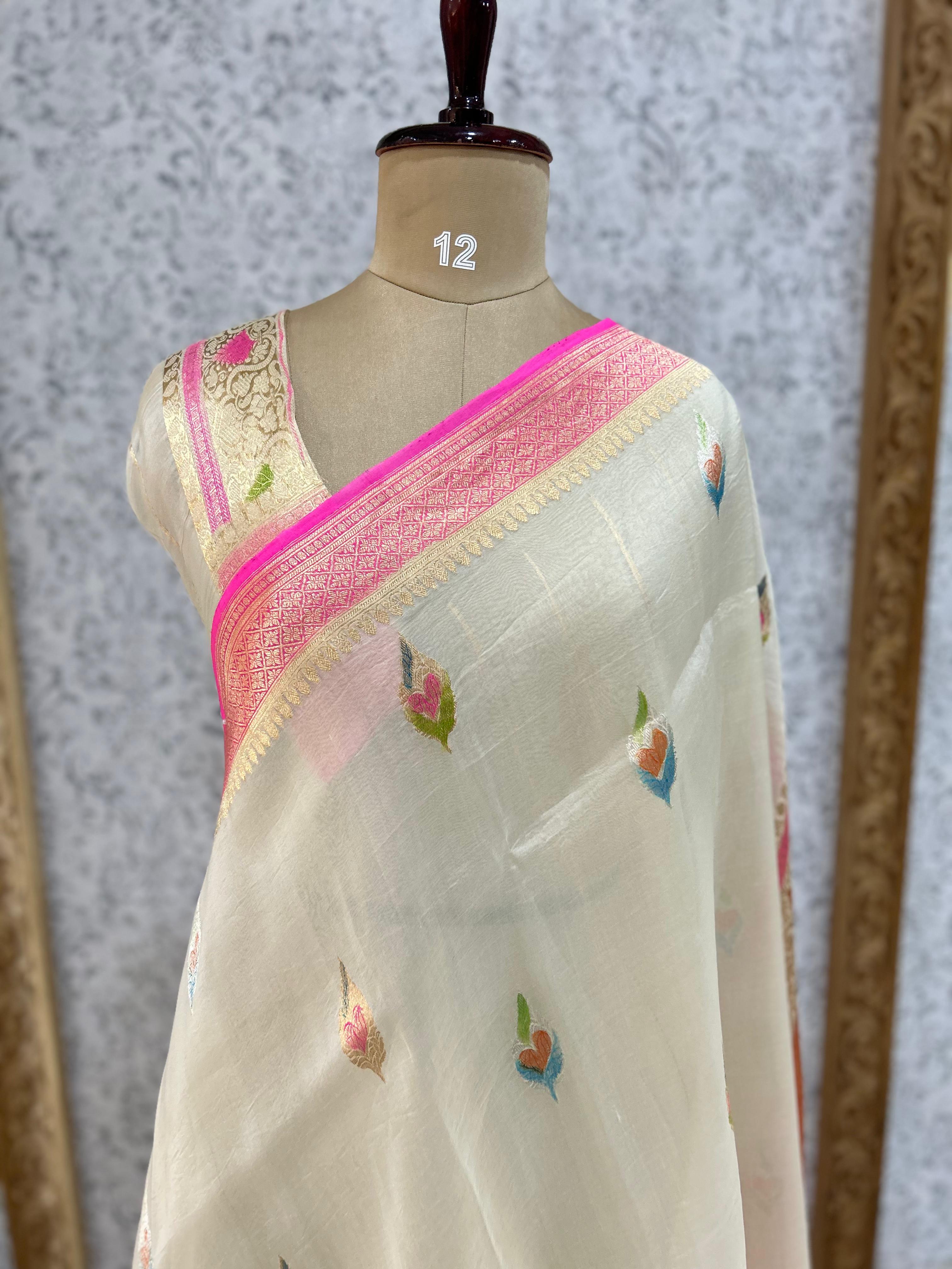 Cream pure kora organza-07 saree