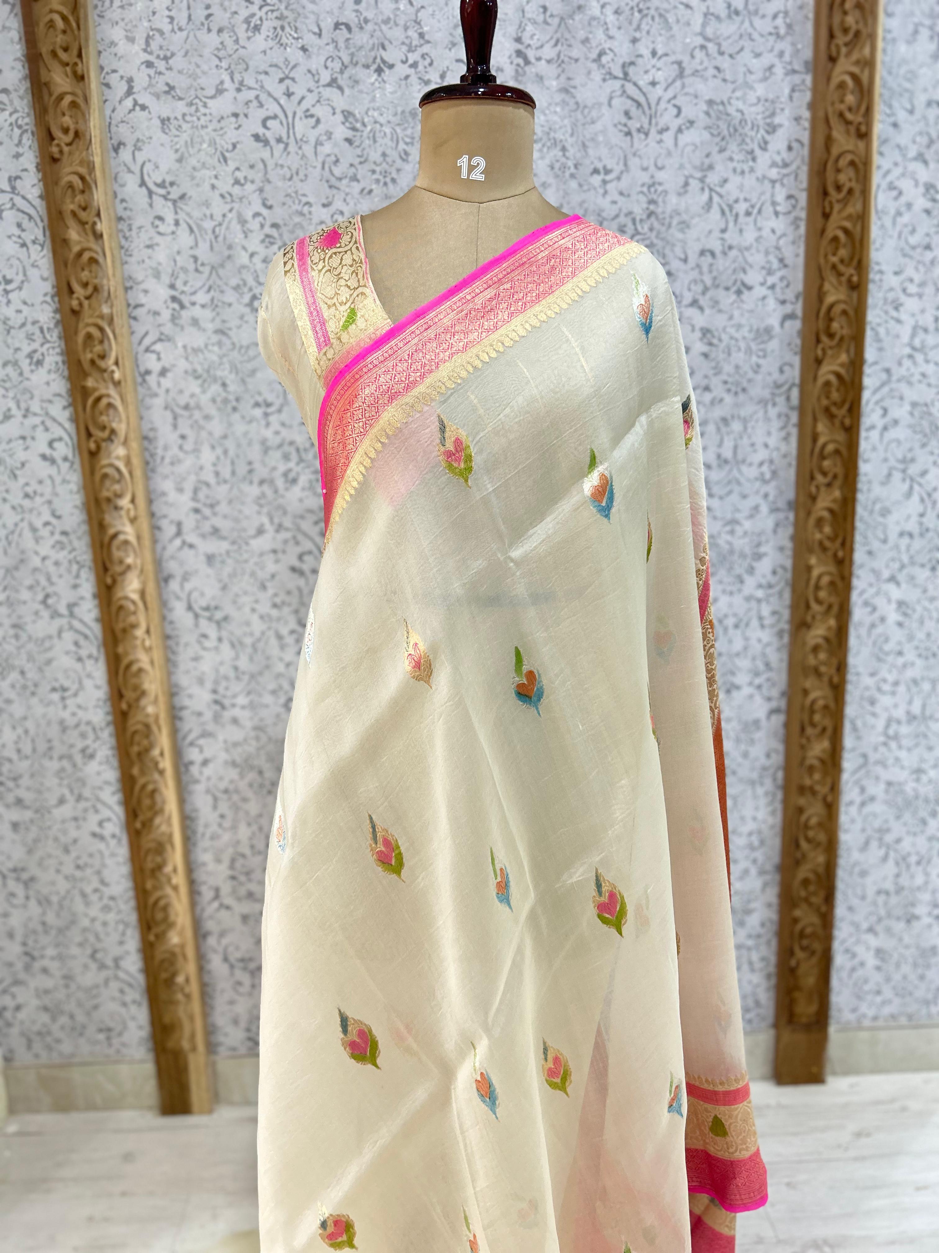 Cream pure kora organza-07 saree