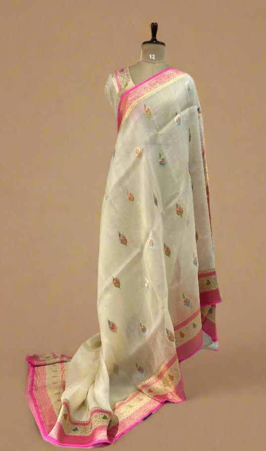 Cream pure kora organza-07 saree