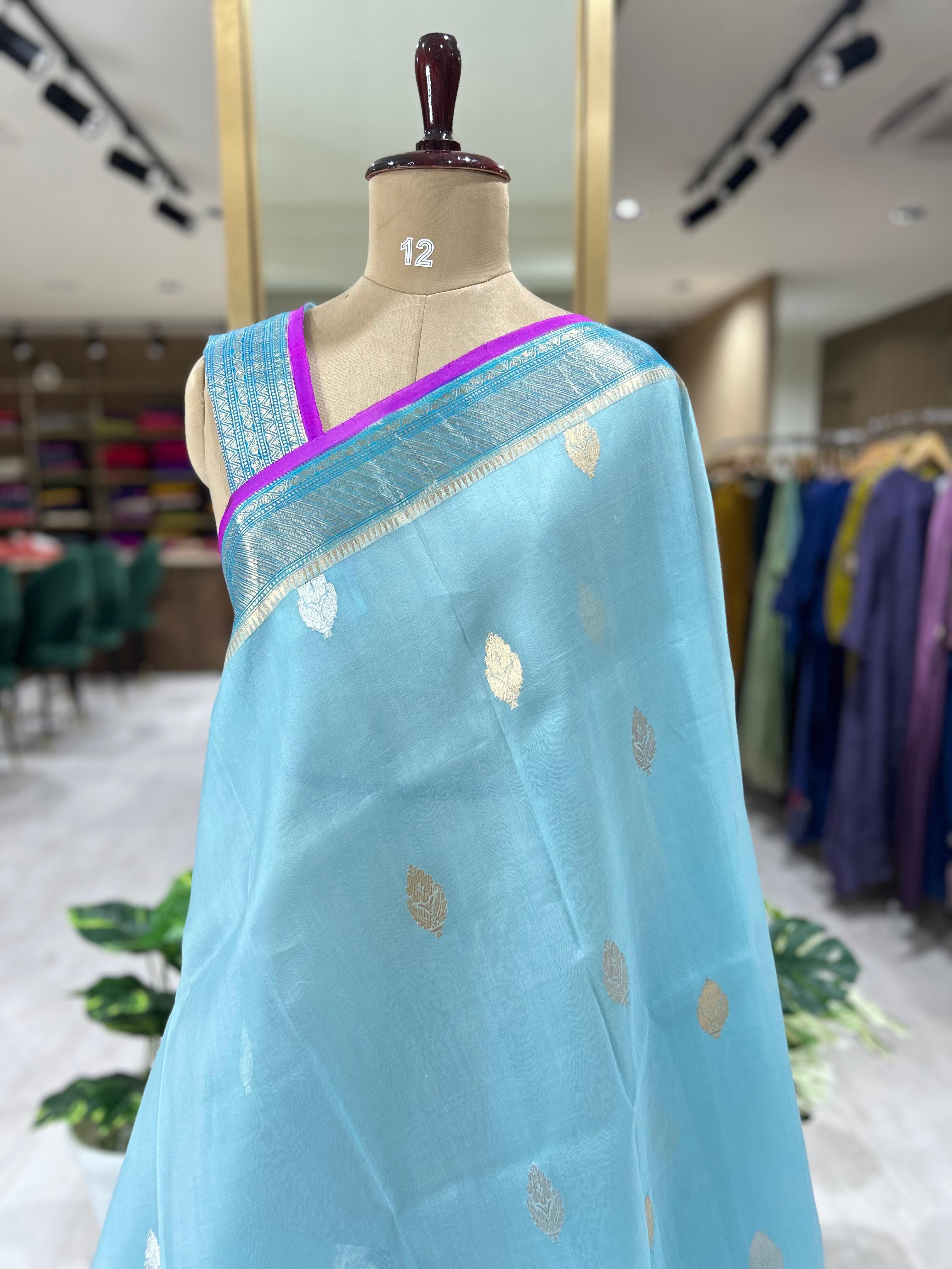 Pastel blue pure kora organza-07 saree
