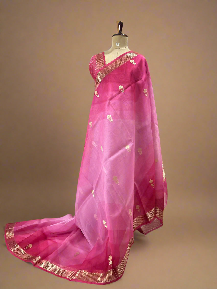 Rani pink dual shade pure kora organza-07 saree
