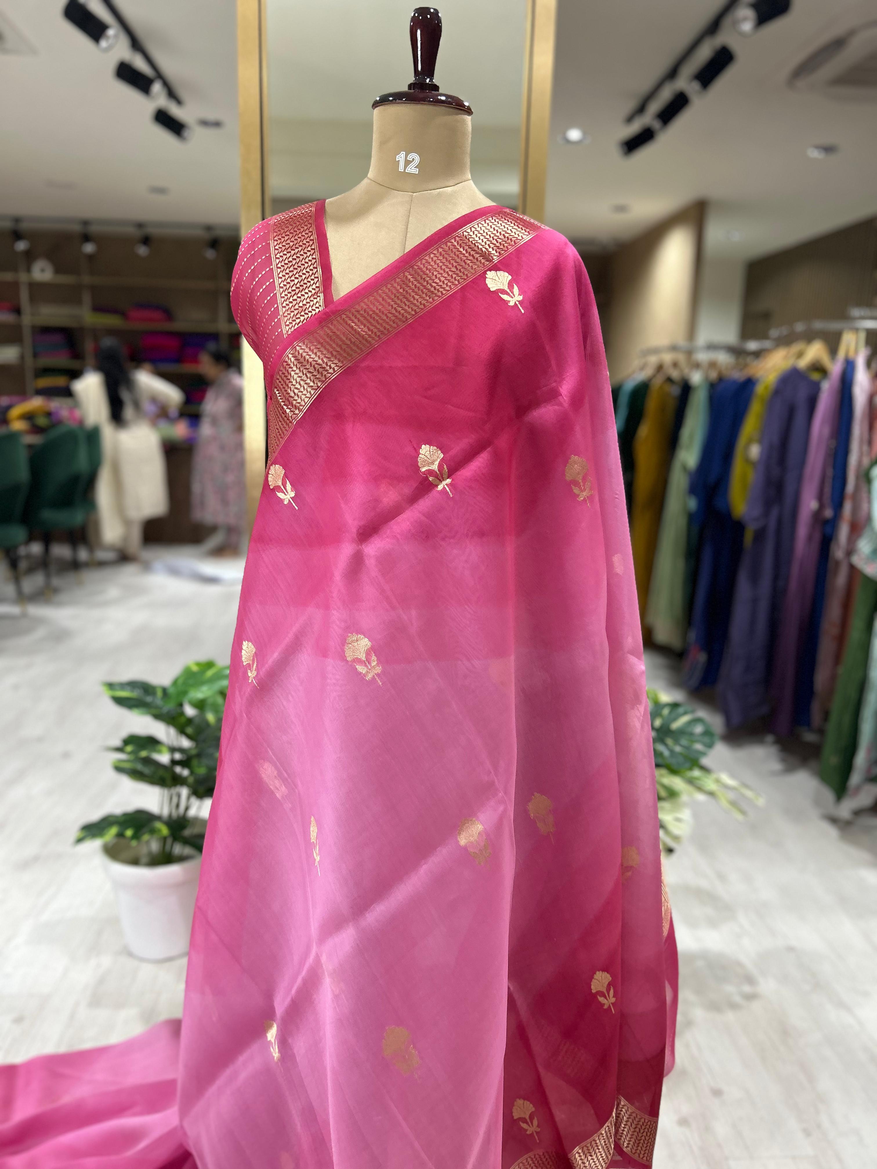 Rani pink dual shade pure kora organza-07 saree