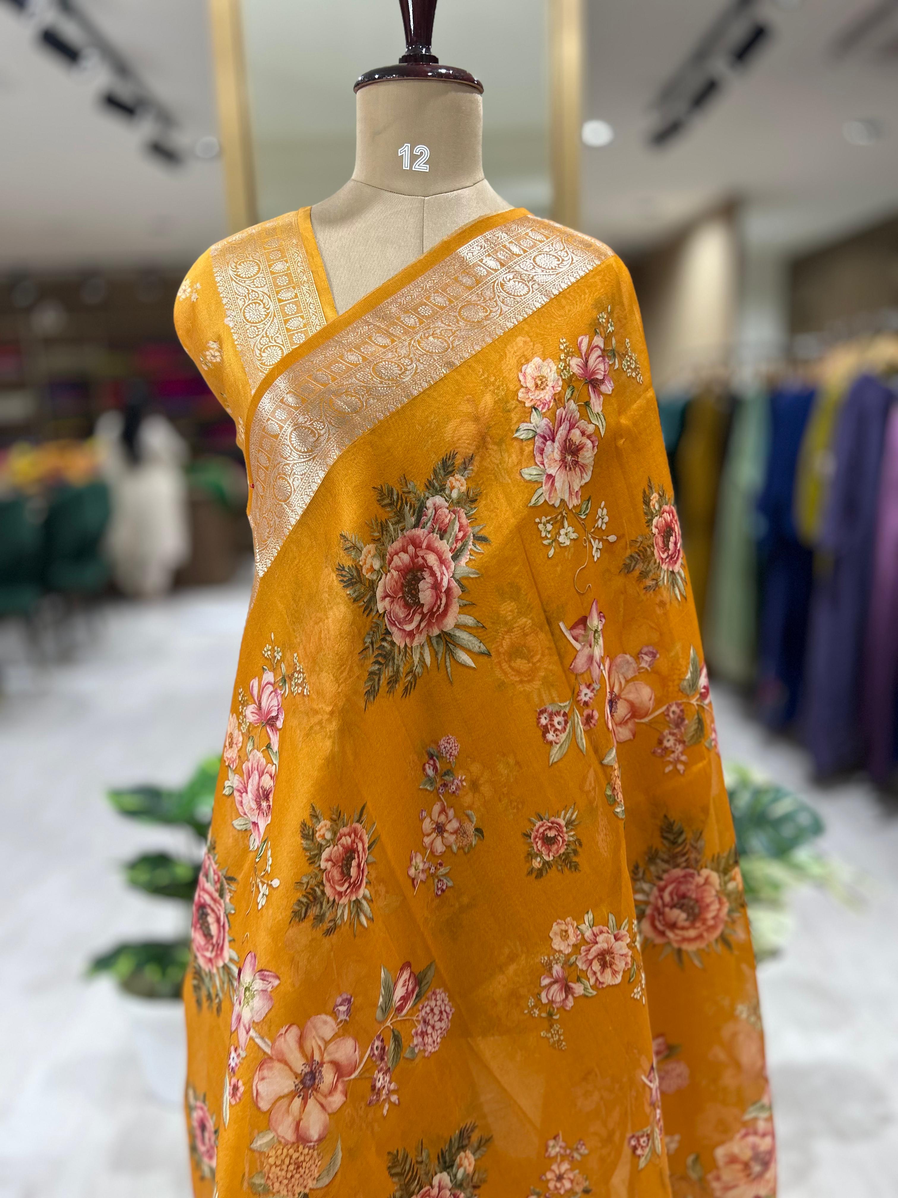 Mustard yellow printed  pure kora organza-07 saree