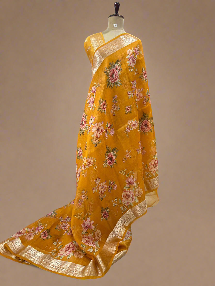 Mustard yellow printed  pure kora organza-07 saree