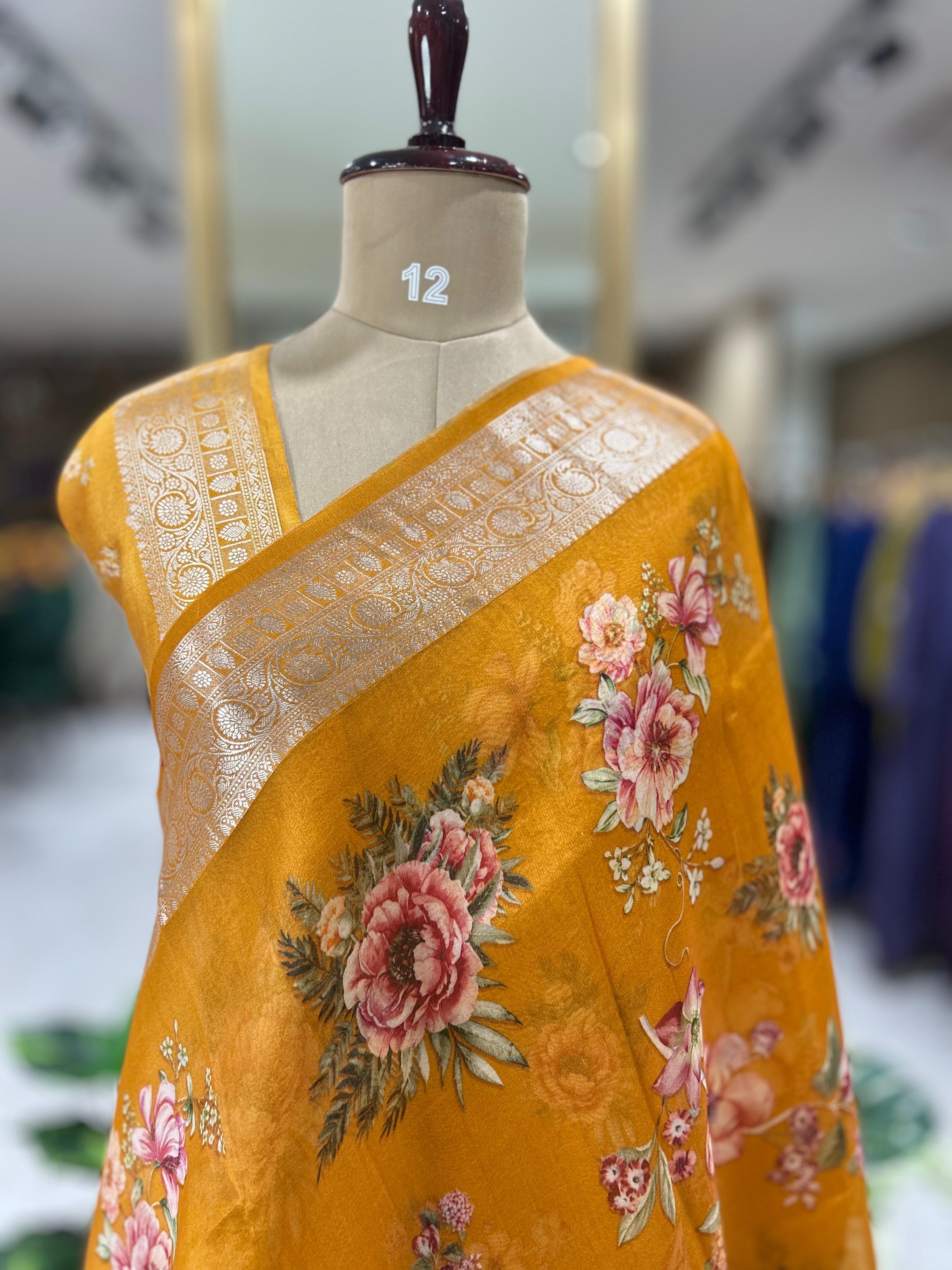 Mustard yellow printed pure kora organza 105 saree