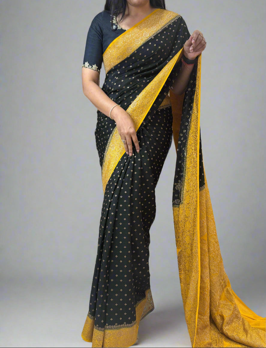 Black n yellow banarasi pure crepe saree