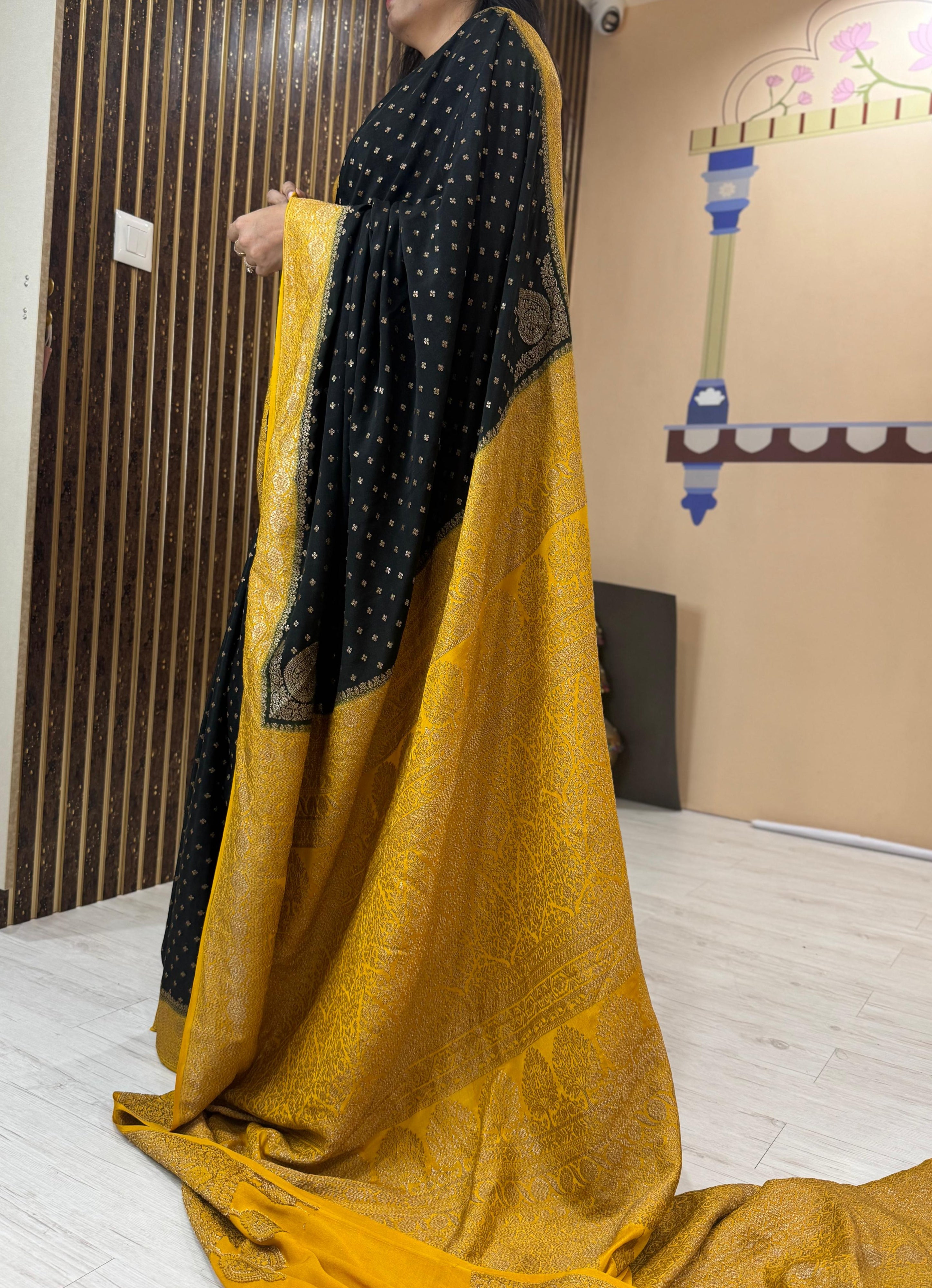 Black n yellow banarasi pure crepe saree