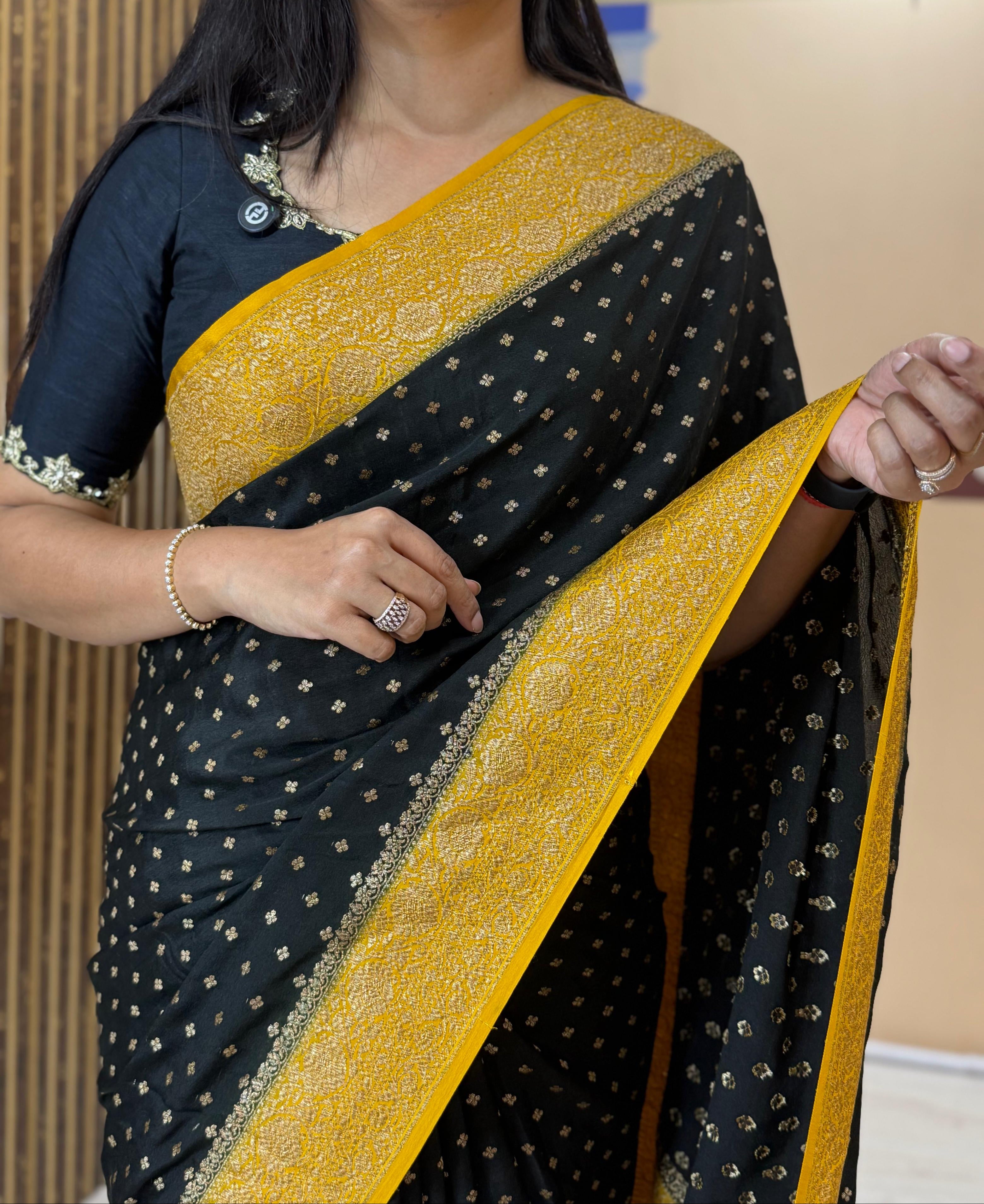 Black n yellow banarasi pure crepe saree