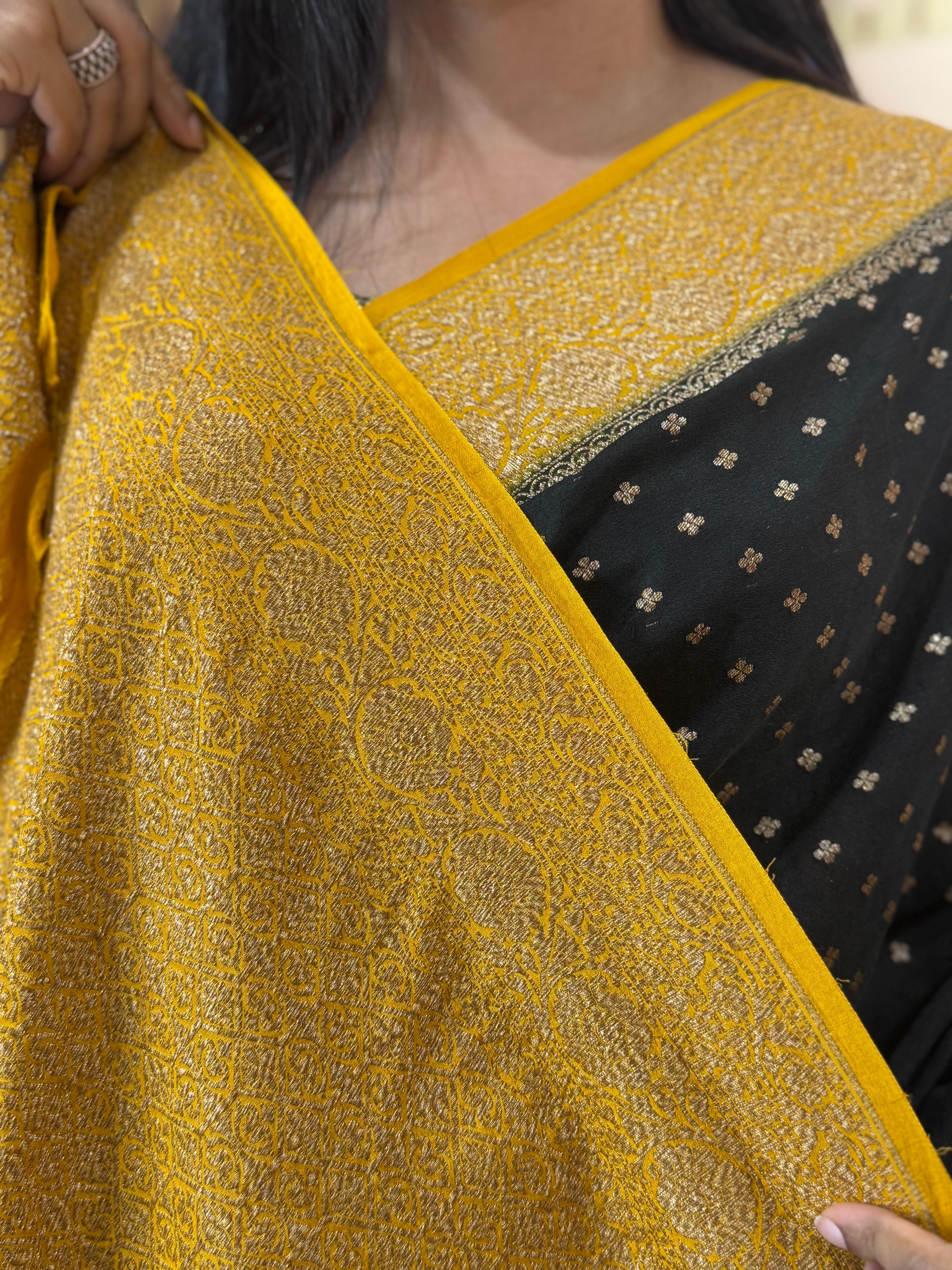 Black n yellow banarasi pure crepe saree