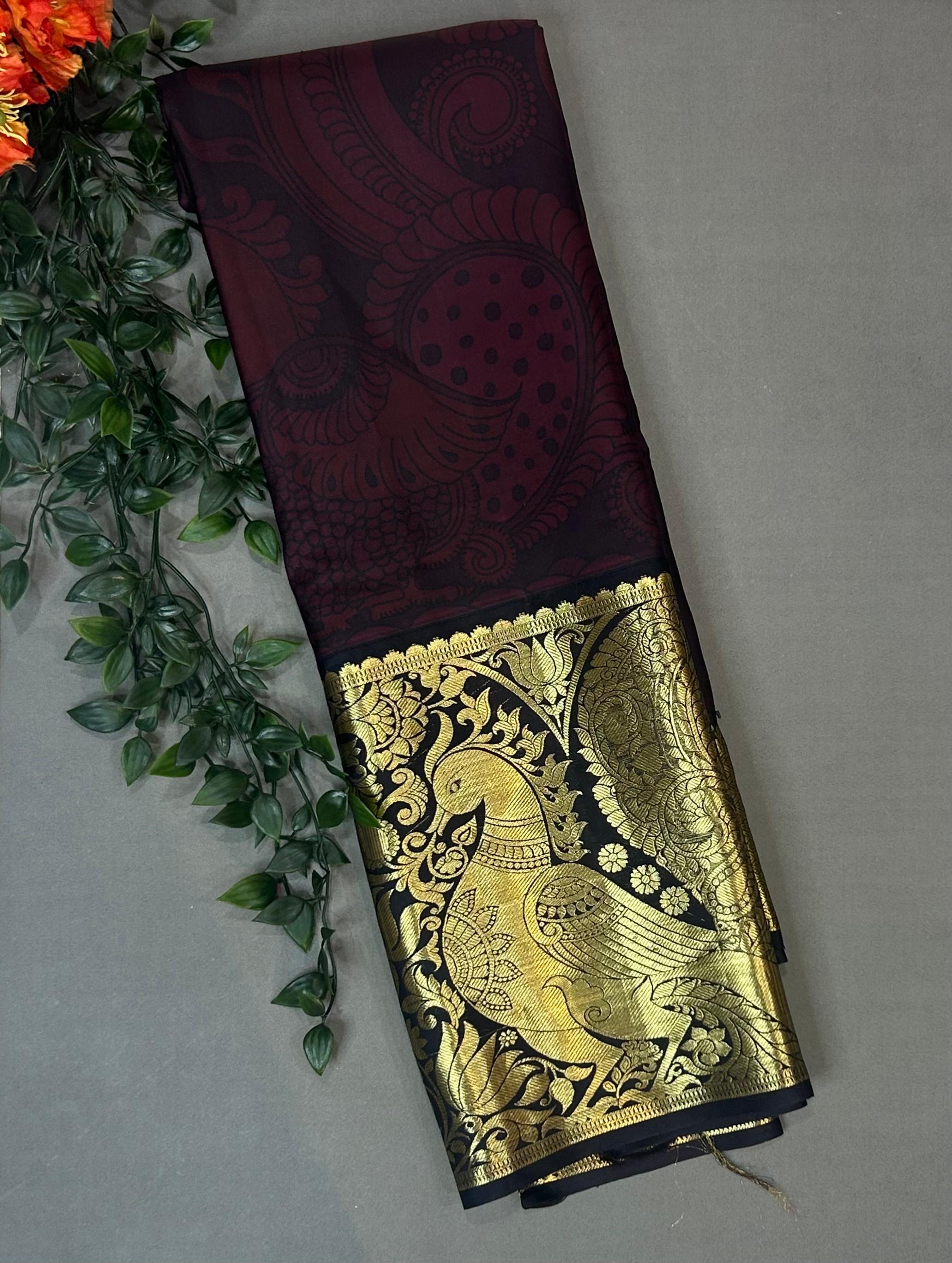 Dark brown kalamkari vintage pure kanchipuram-10 silk saree