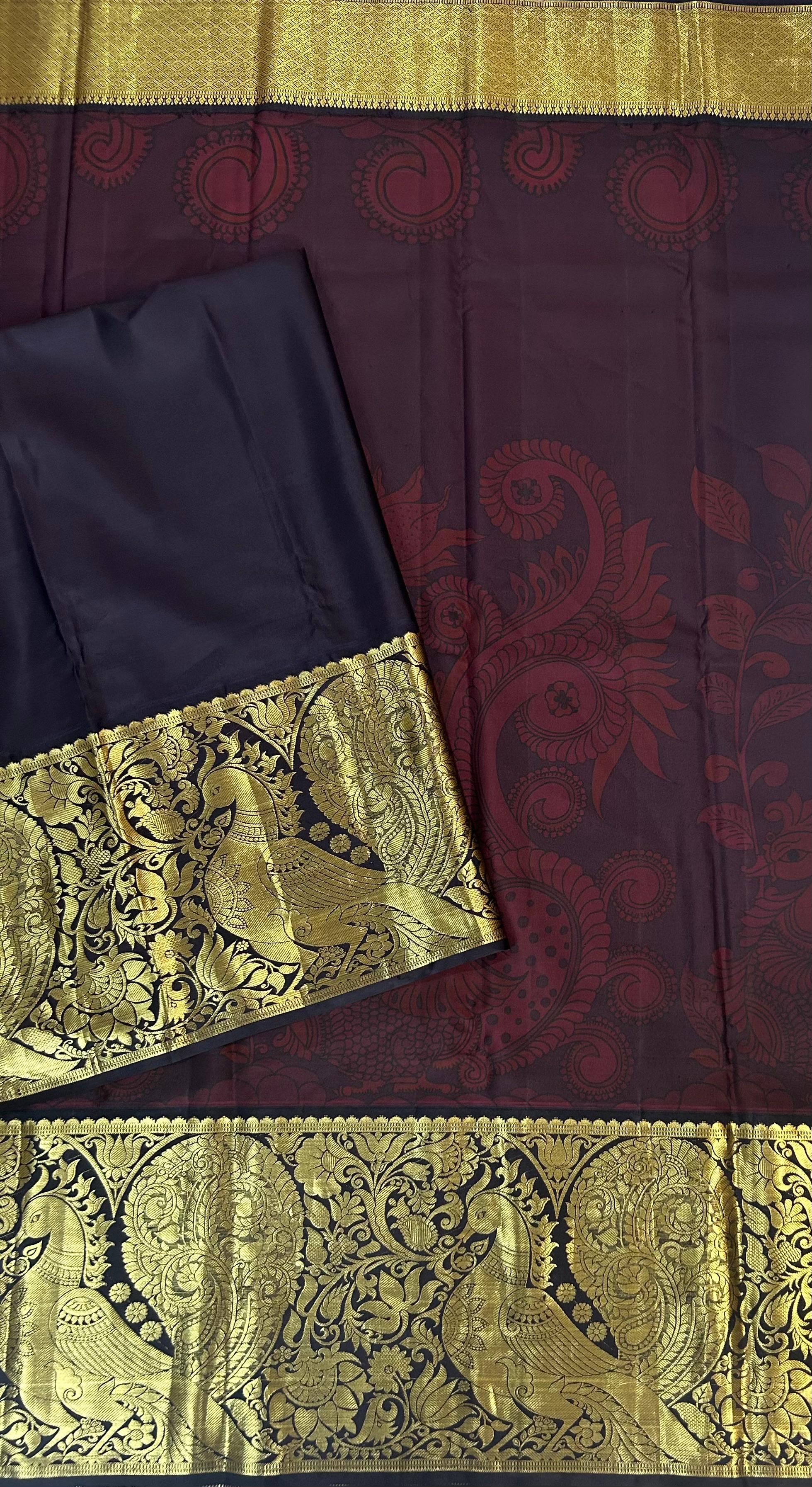 Dark brown kalamkari vintage pure kanchipuram-10 silk saree