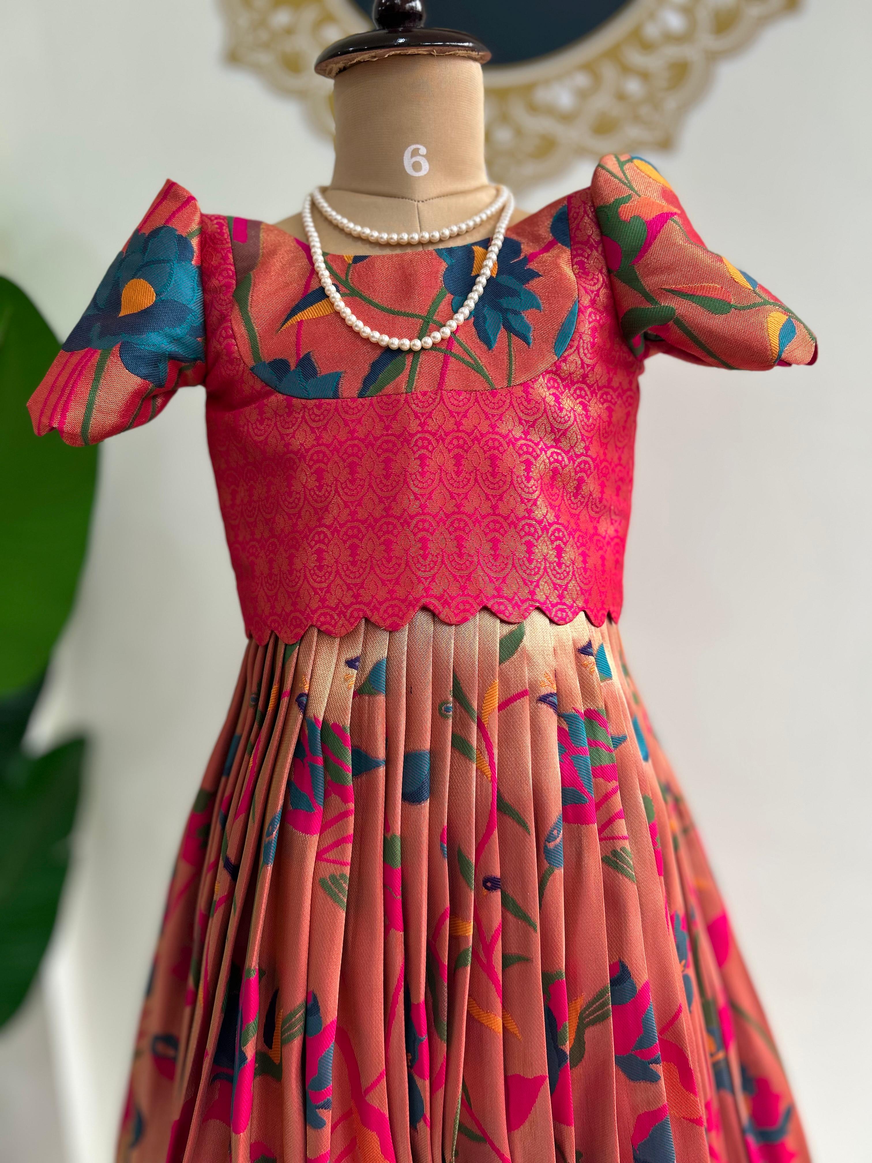 Multicolour kids semi Kanchi Lehenga