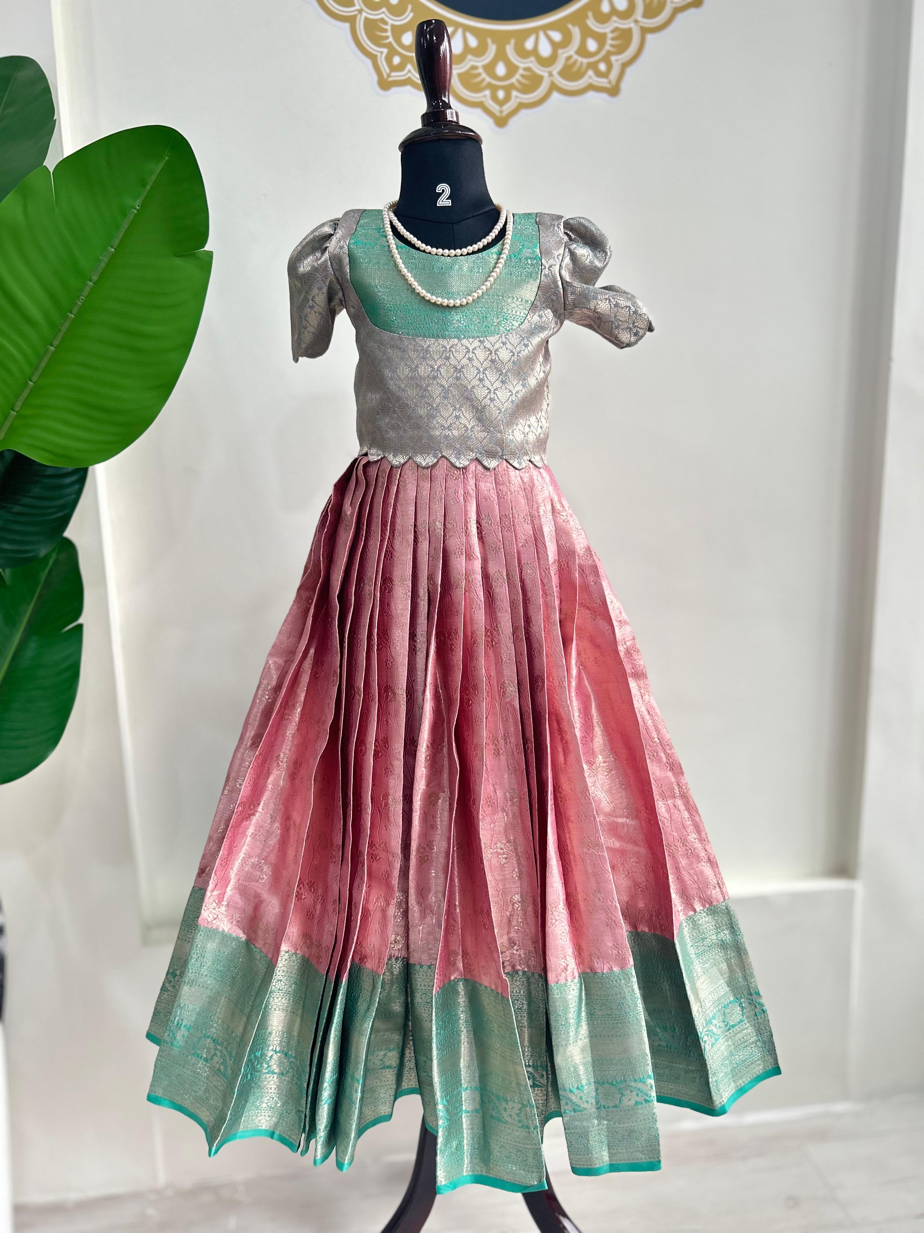 Pink n green kids semi Kanchi Lehenga