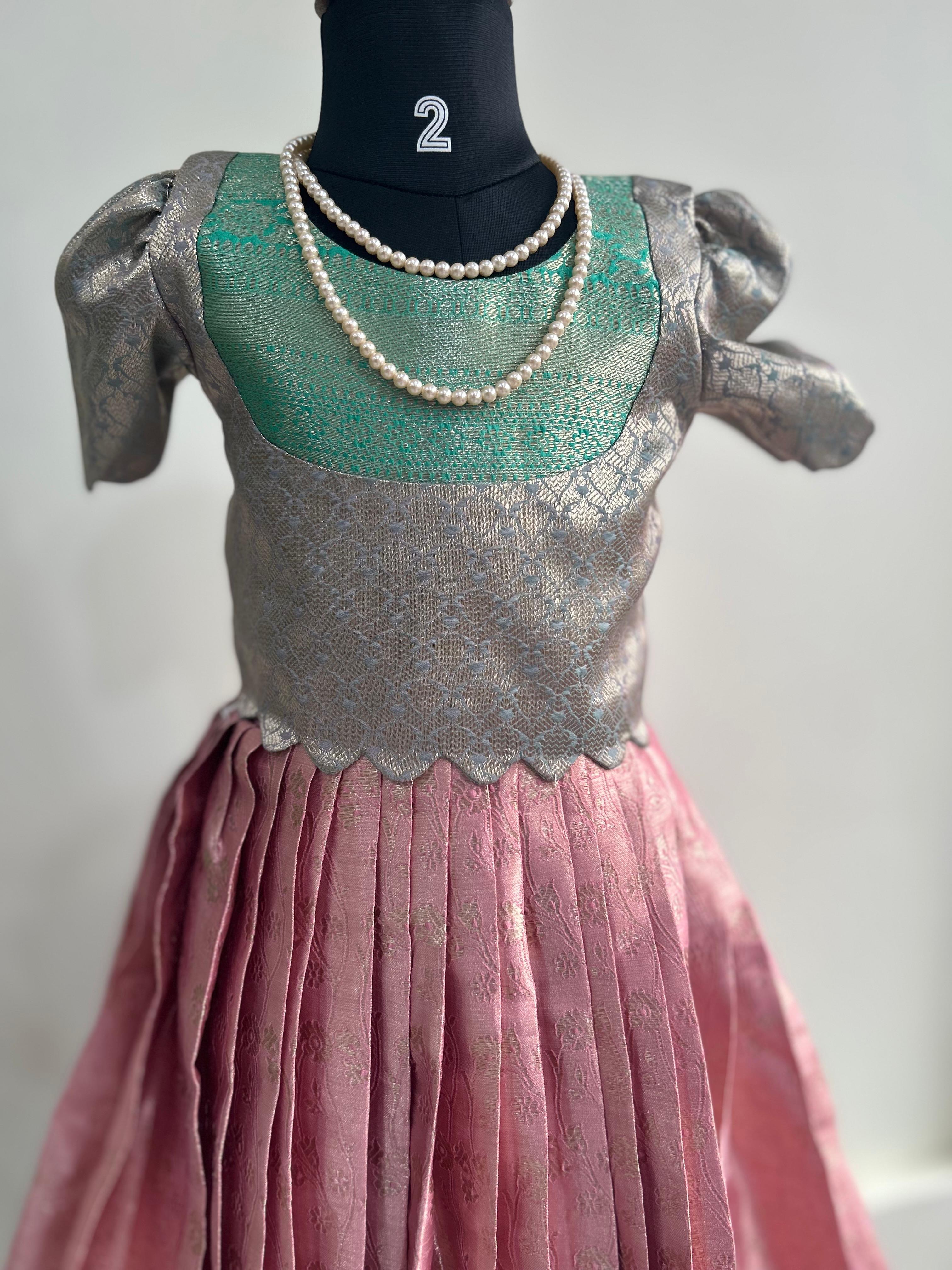 Pink n green kids semi Kanchi Lehenga