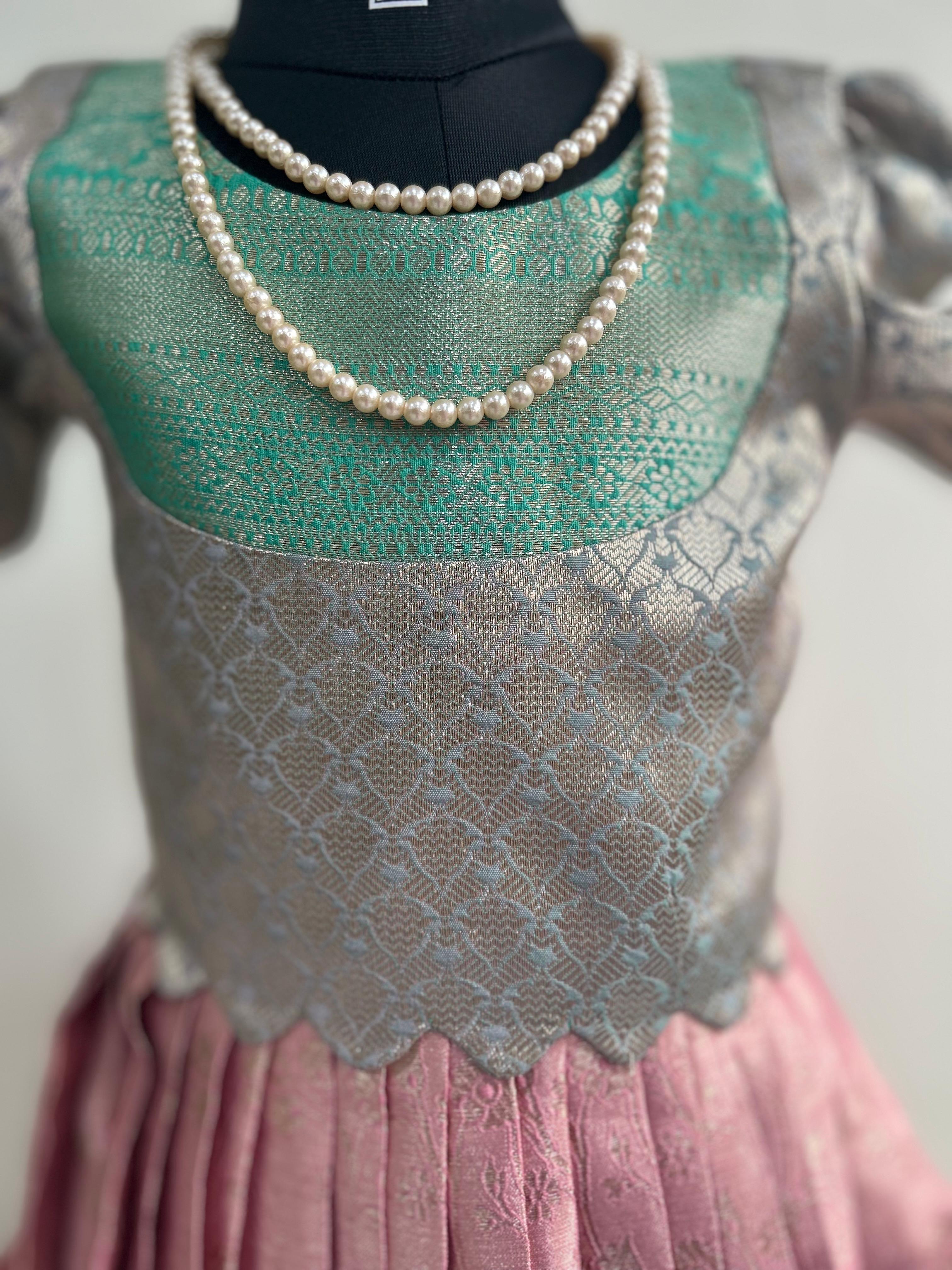 Pink n green kids semi Kanchi Lehenga