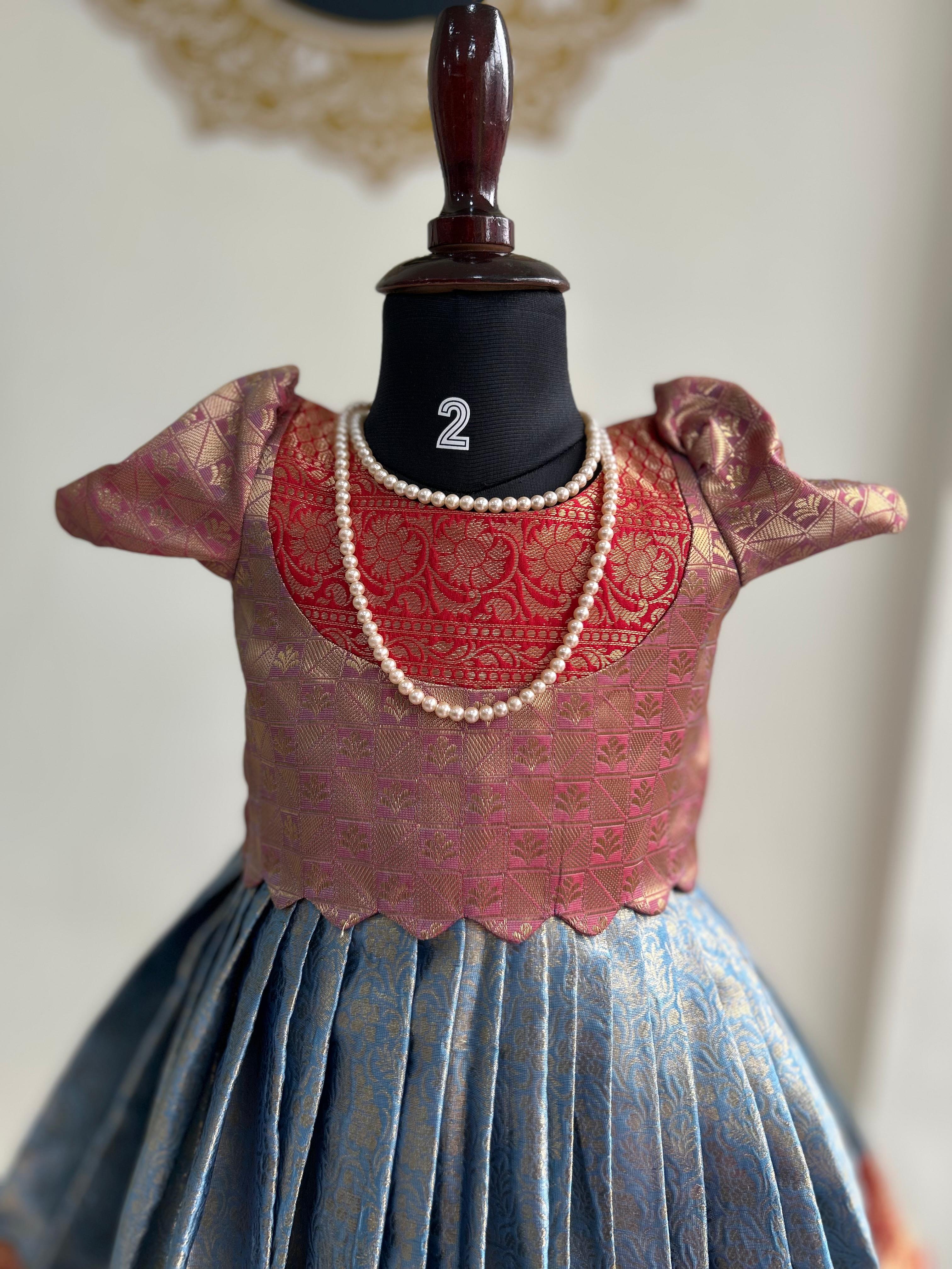 Blue n red kids semi Kanchi Lehenga