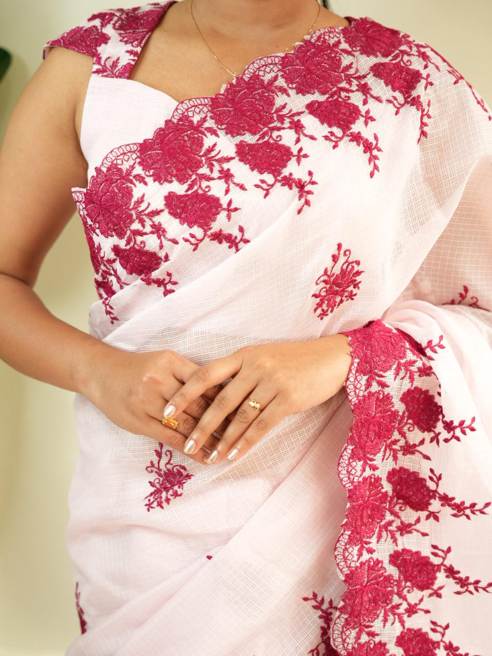 Pastel pink kota checks embrodiery thread work saree