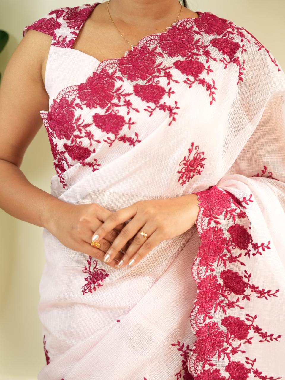 Pastel pink kota checks embrodiery thread work saree