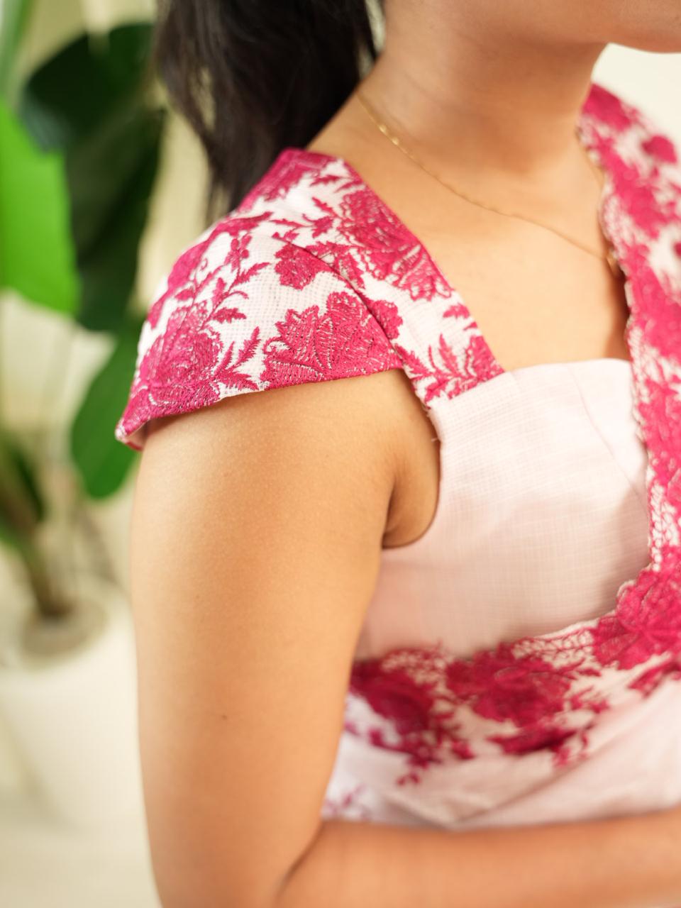 Pastel pink kota checks embrodiery thread work saree