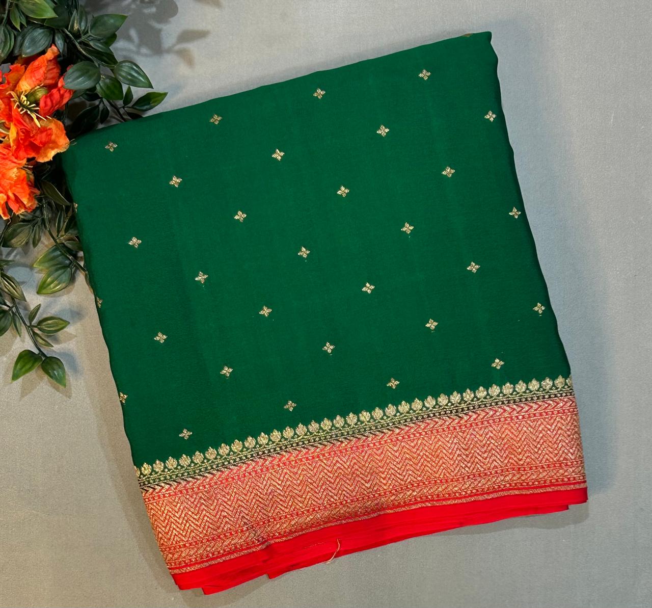 Green n red small butta banarasi pure crepe saree