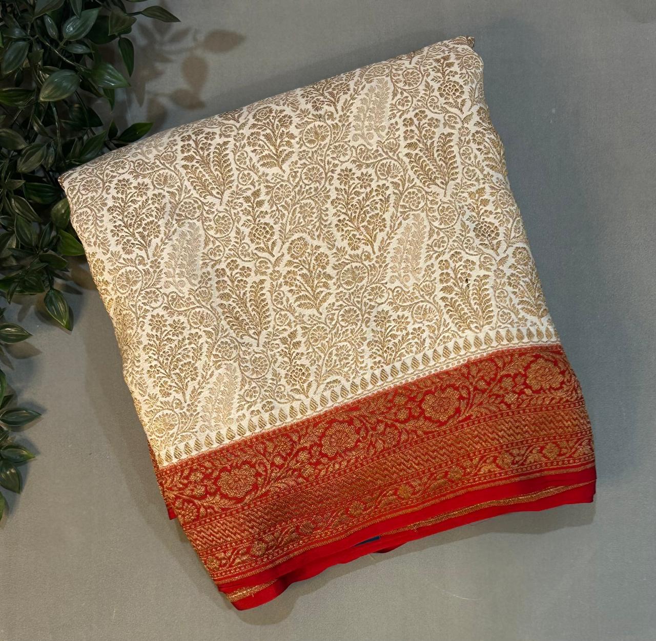 Cream n red brocade banarasi pure crepe saree