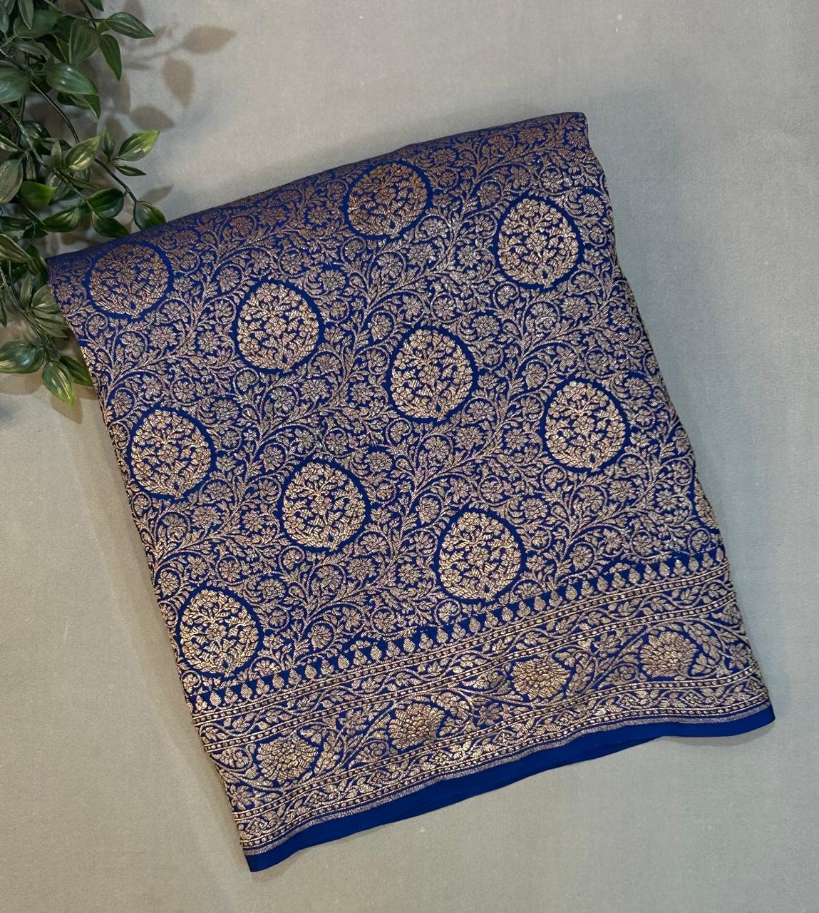 Blue brocade banarasi pure crepe saree