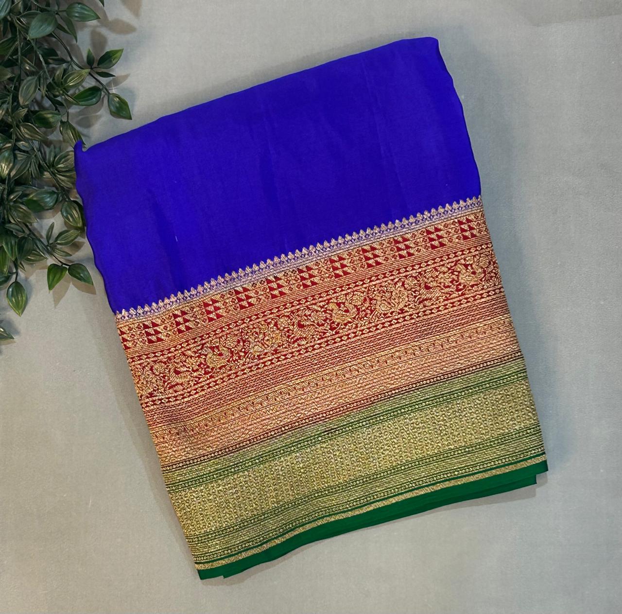Royal blue 3D banarasi pure crepe saree
