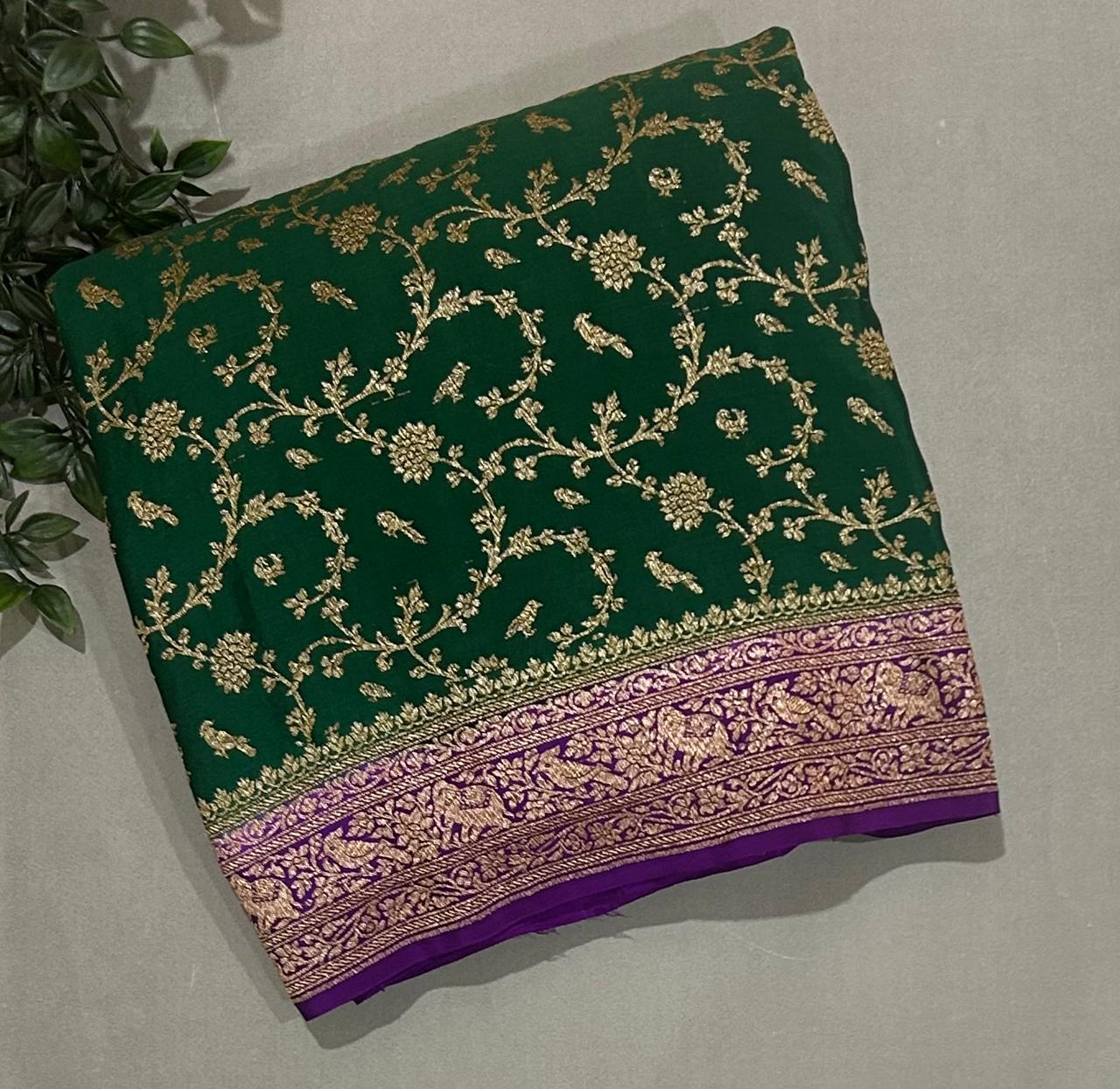 Bottle green jaal brocade banarasi pure crepe saree