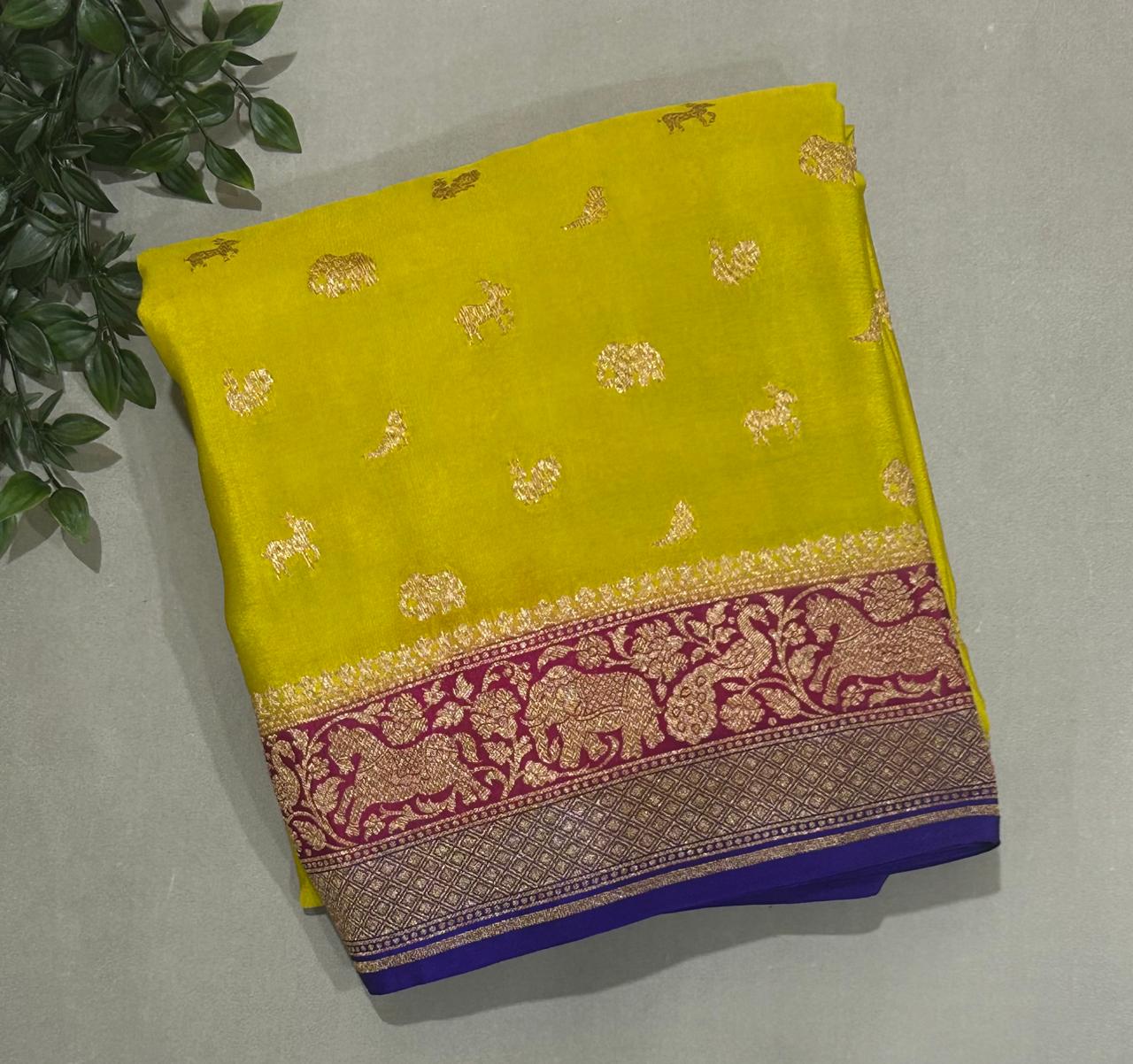 Neon yellow 3D banarasi pure crepe saree