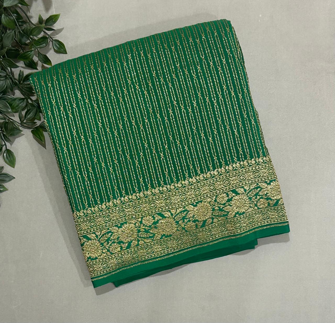 Green stripes brocade banarasi pure crepe saree