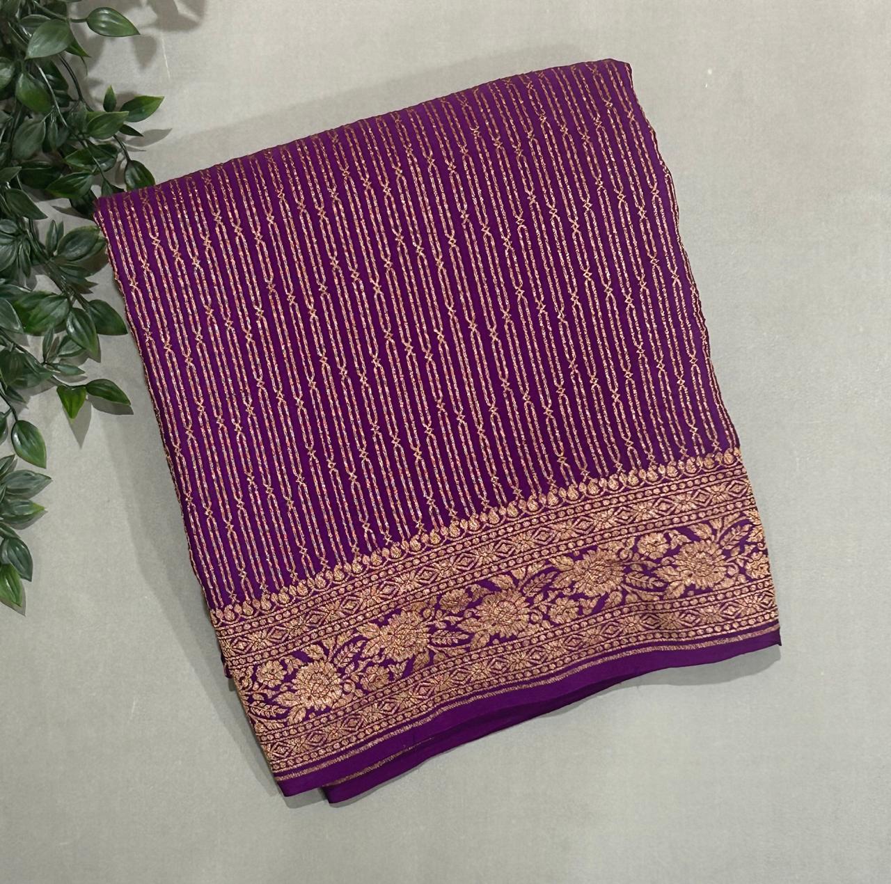 Purple stripes brocade banarasi pure crepe saree