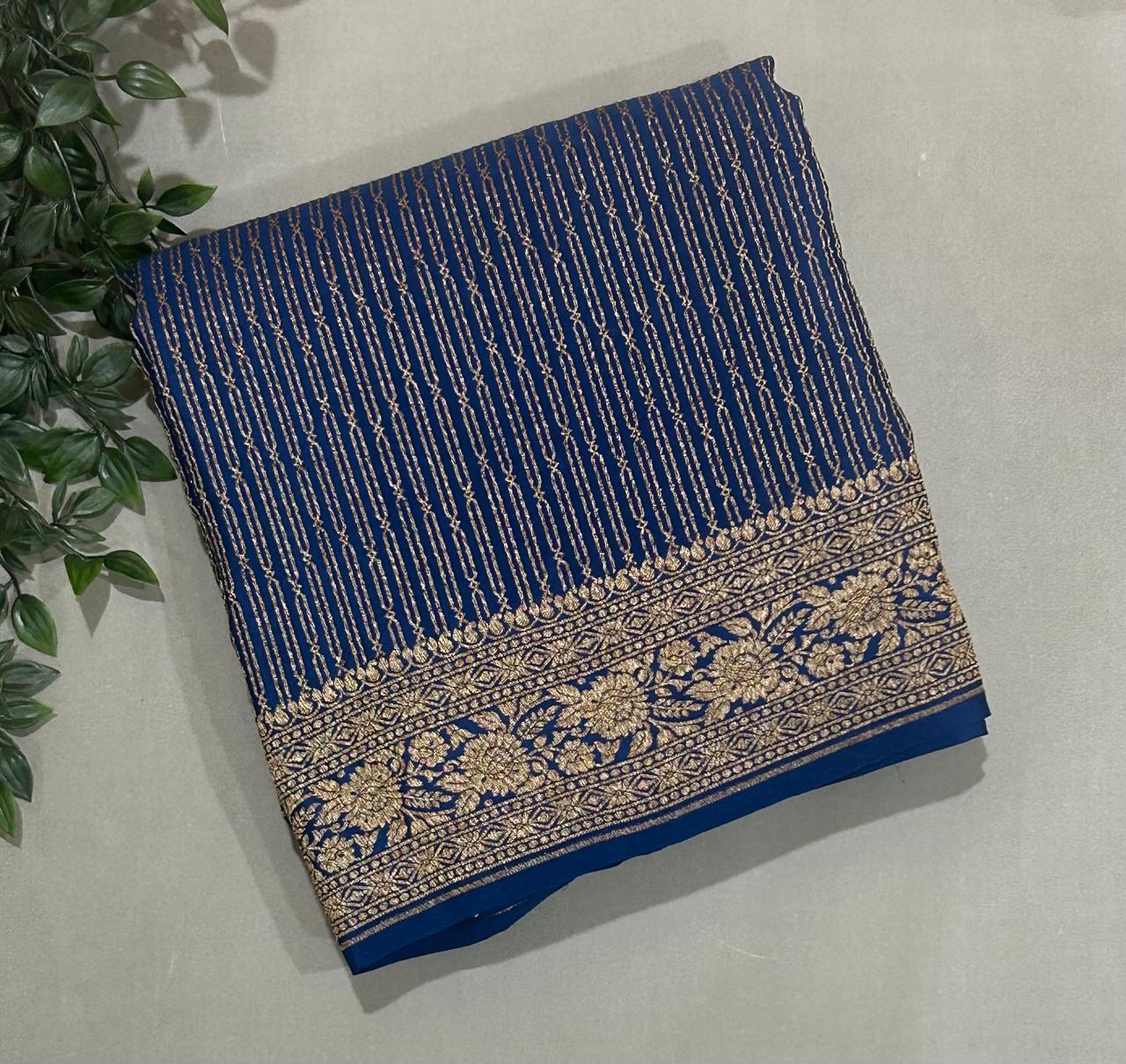 Blue stripes brocade banarasi pure crepe saree