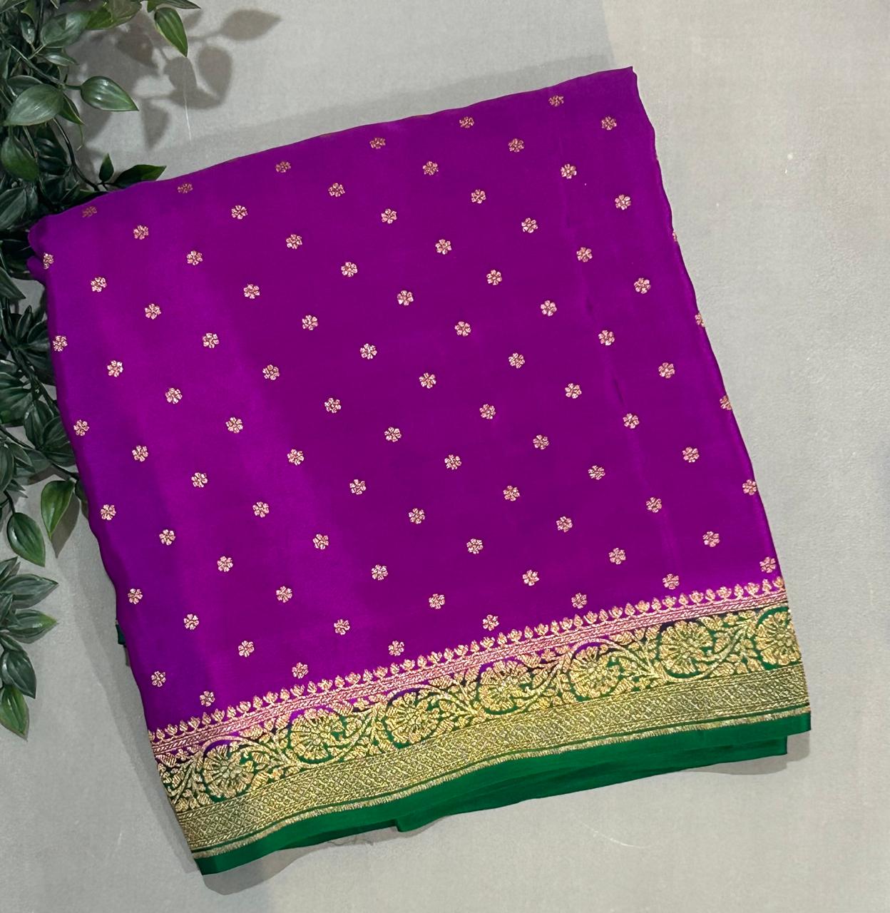 Purple n green small butta banarasi pure crepe saree