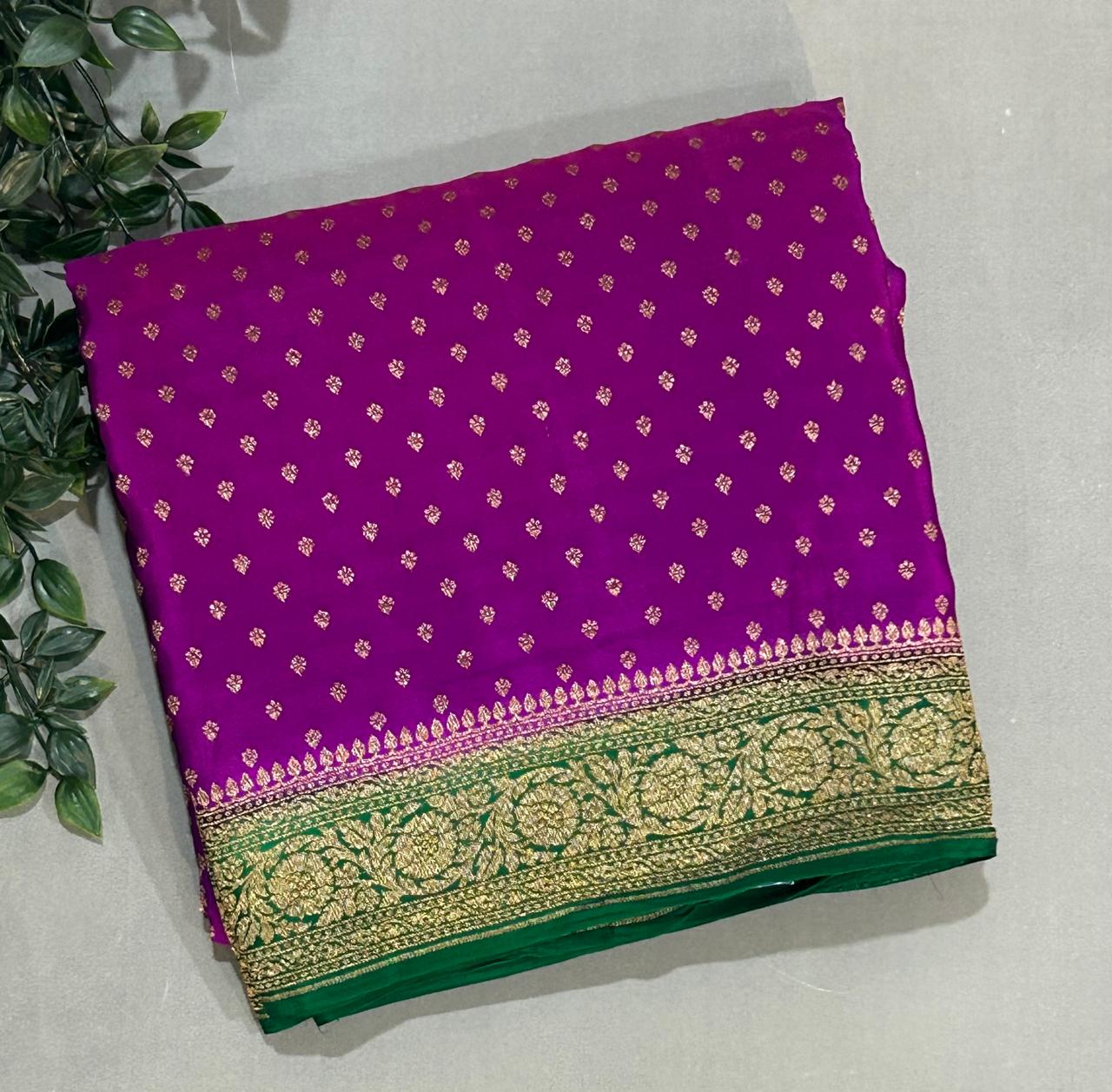 Purple n green small butta banarasi pure crepe saree