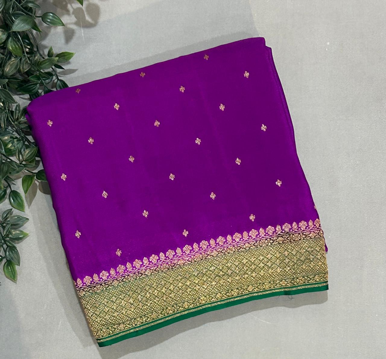 Purple n green small butta banarasi pure crepe saree